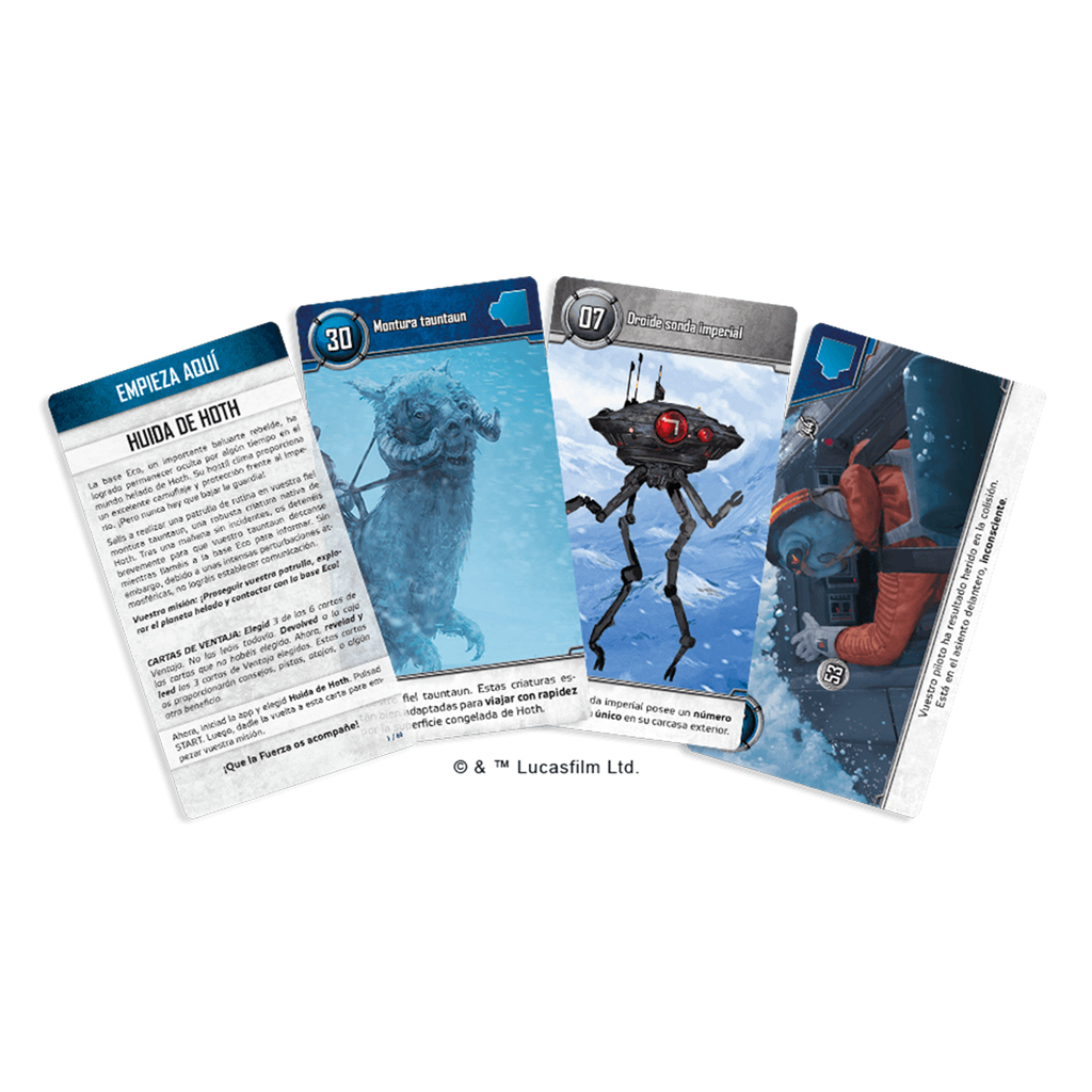 Juego de cartas de Star Wars con cuatro cartas. Las cartas presentan personajes y texto.