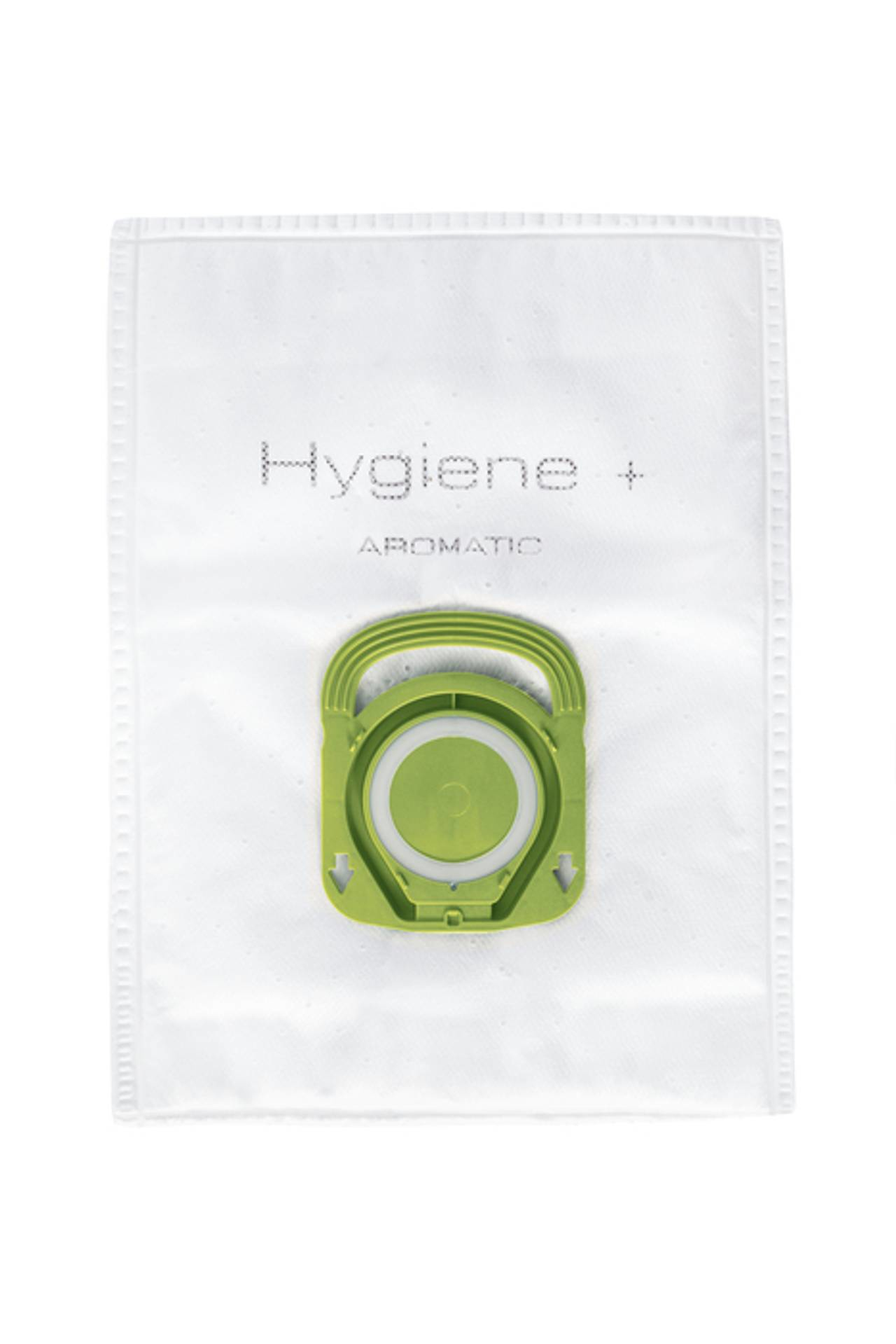 Sacco per aspirapolvere bianco con un pezzo di plastica verde al centro, con il testo Hygiene + Aromatic.