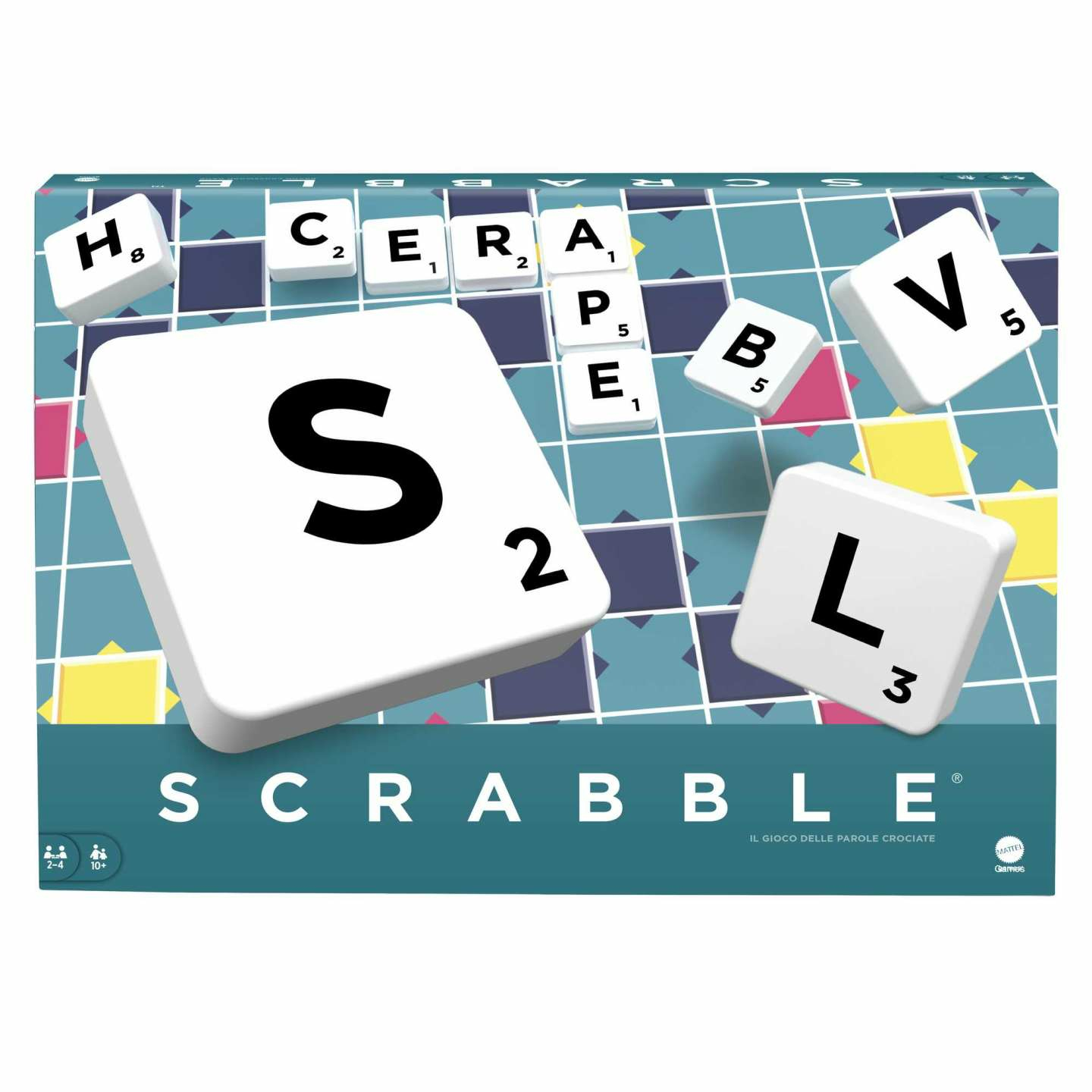 Pudełko gry Scrabble z białymi kafelkami liter na niebieskiej planszy.
