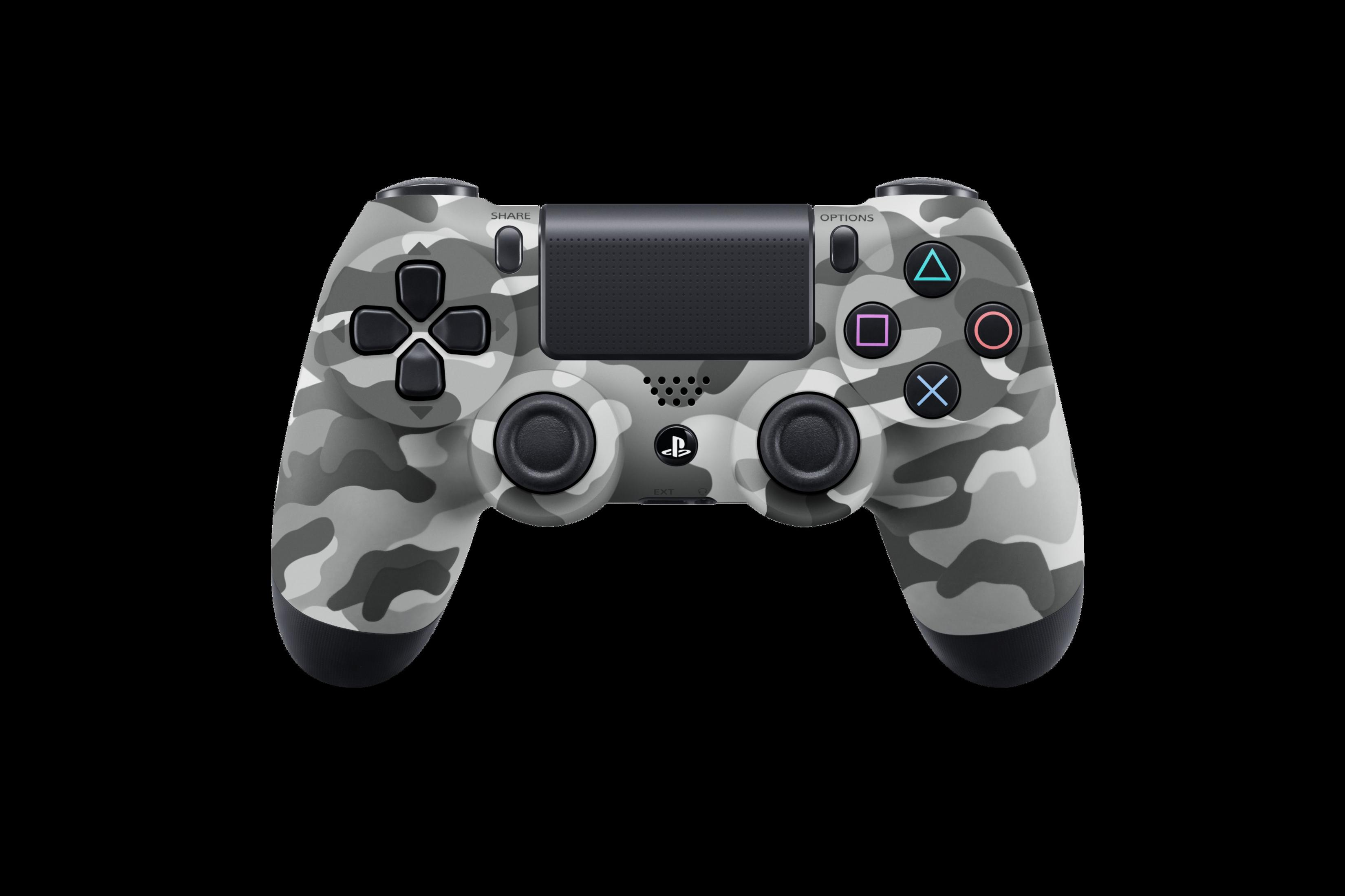 Un controller PlayStation 4 con motivo mimetico grigio e bianco su sfondo nero.