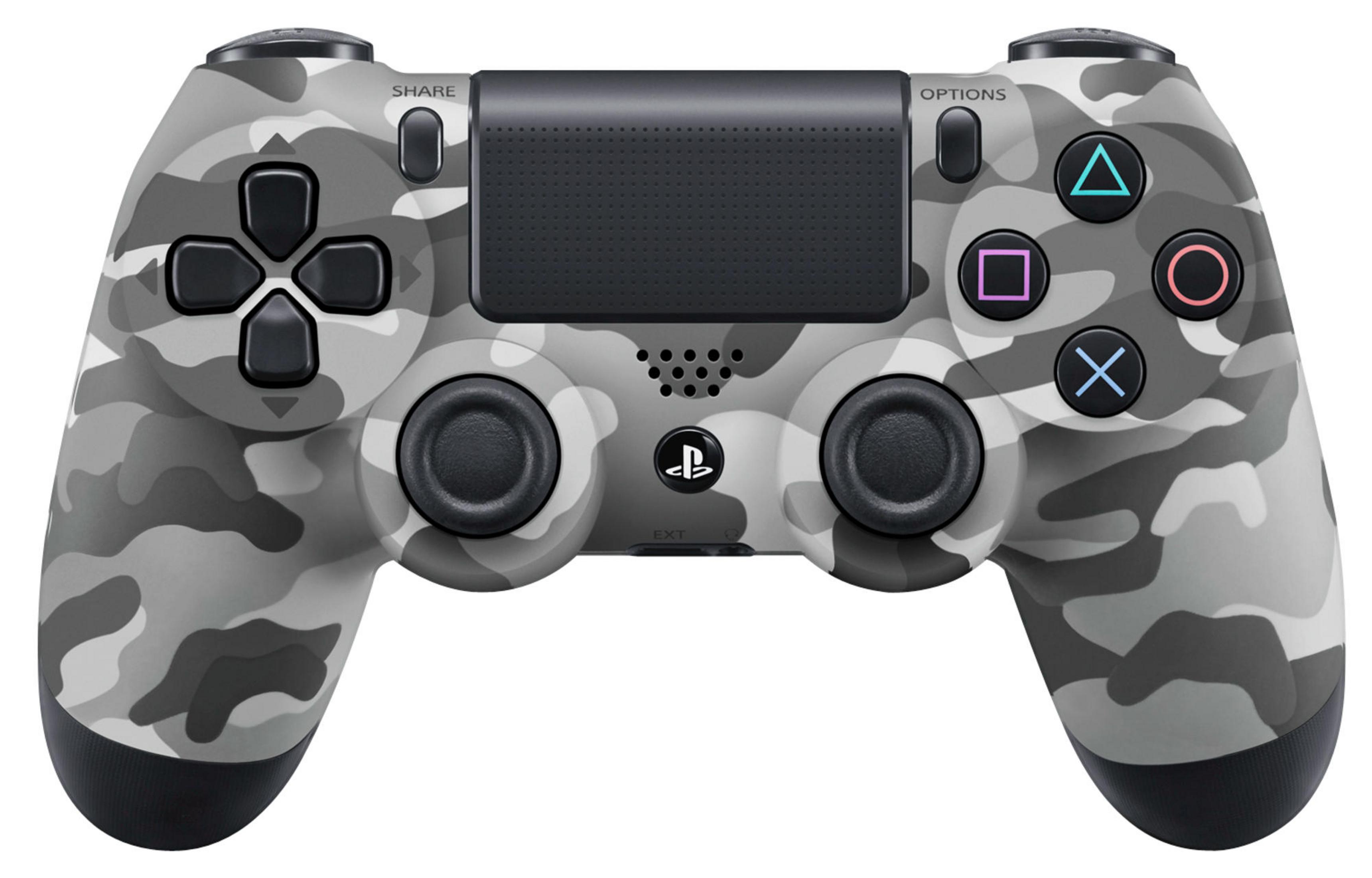 Controller DualShock 4 PlayStation. Design mimetico grigio. Pulsanti neri, touchpad grigio.