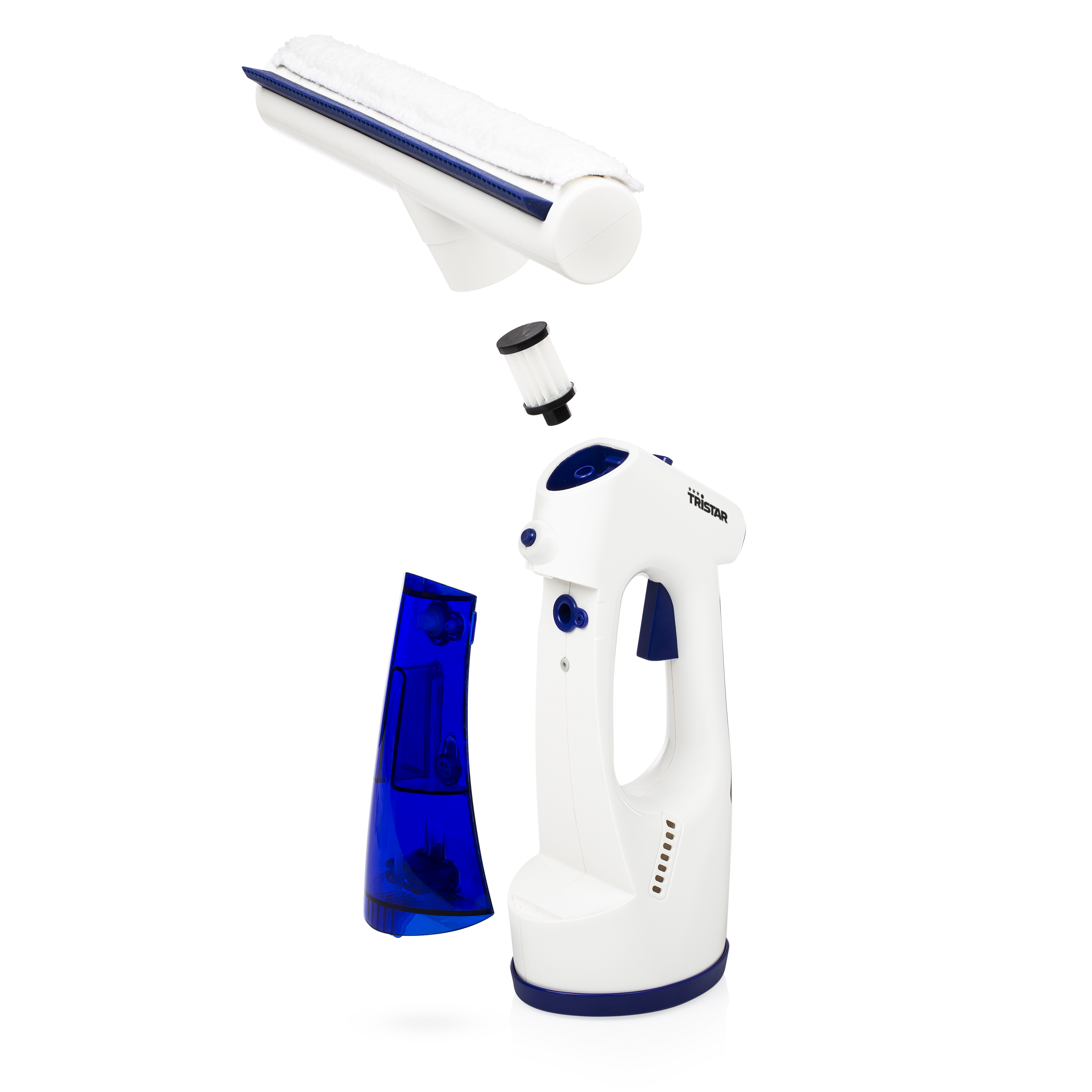 Un pulitore a vapore bianco e blu con un serbatoio dell'acqua staccabile e accessori per la pulizia.