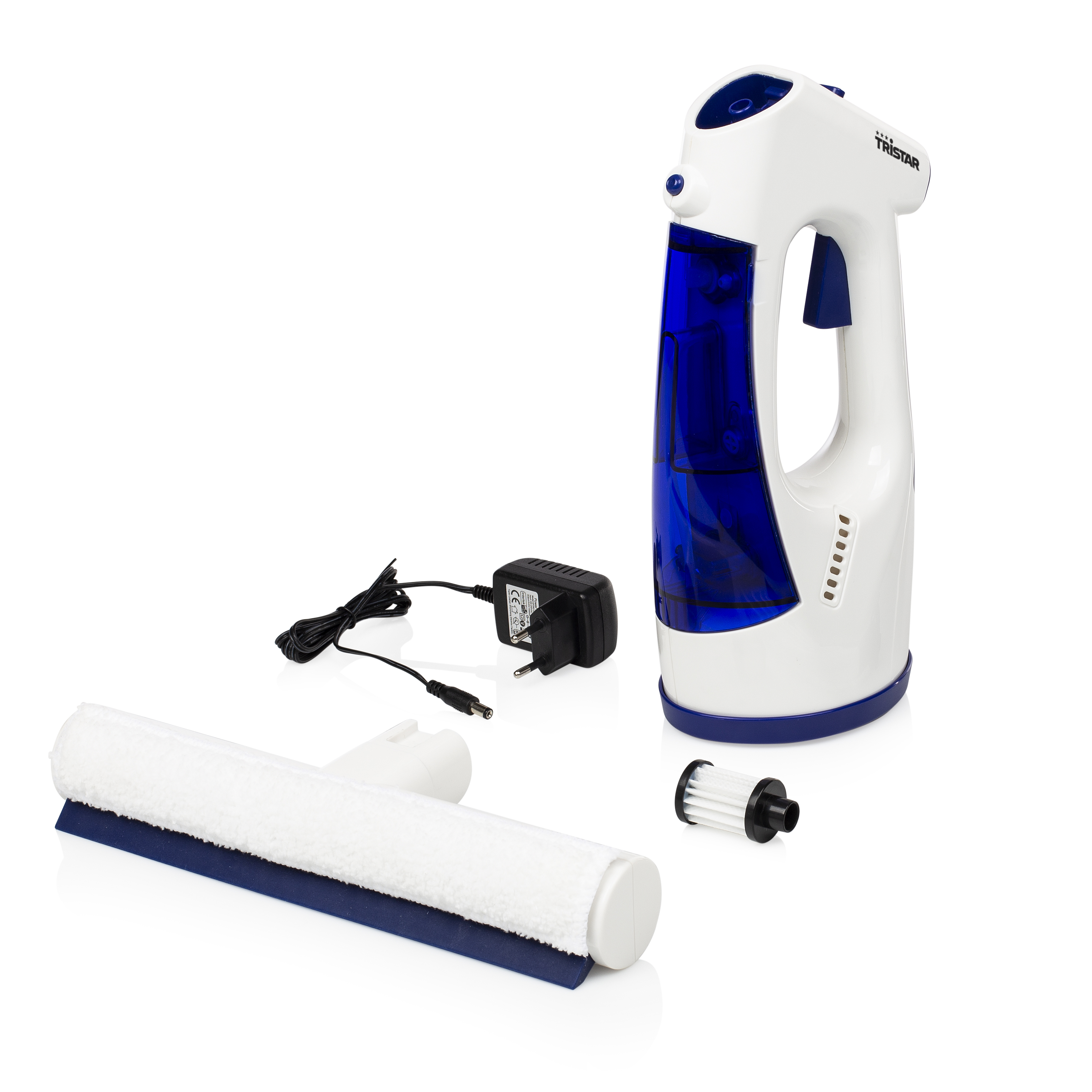 Set pulisci vetri con pulitore per vetri bianco e blu, caricabatterie e tampone per la pulizia.