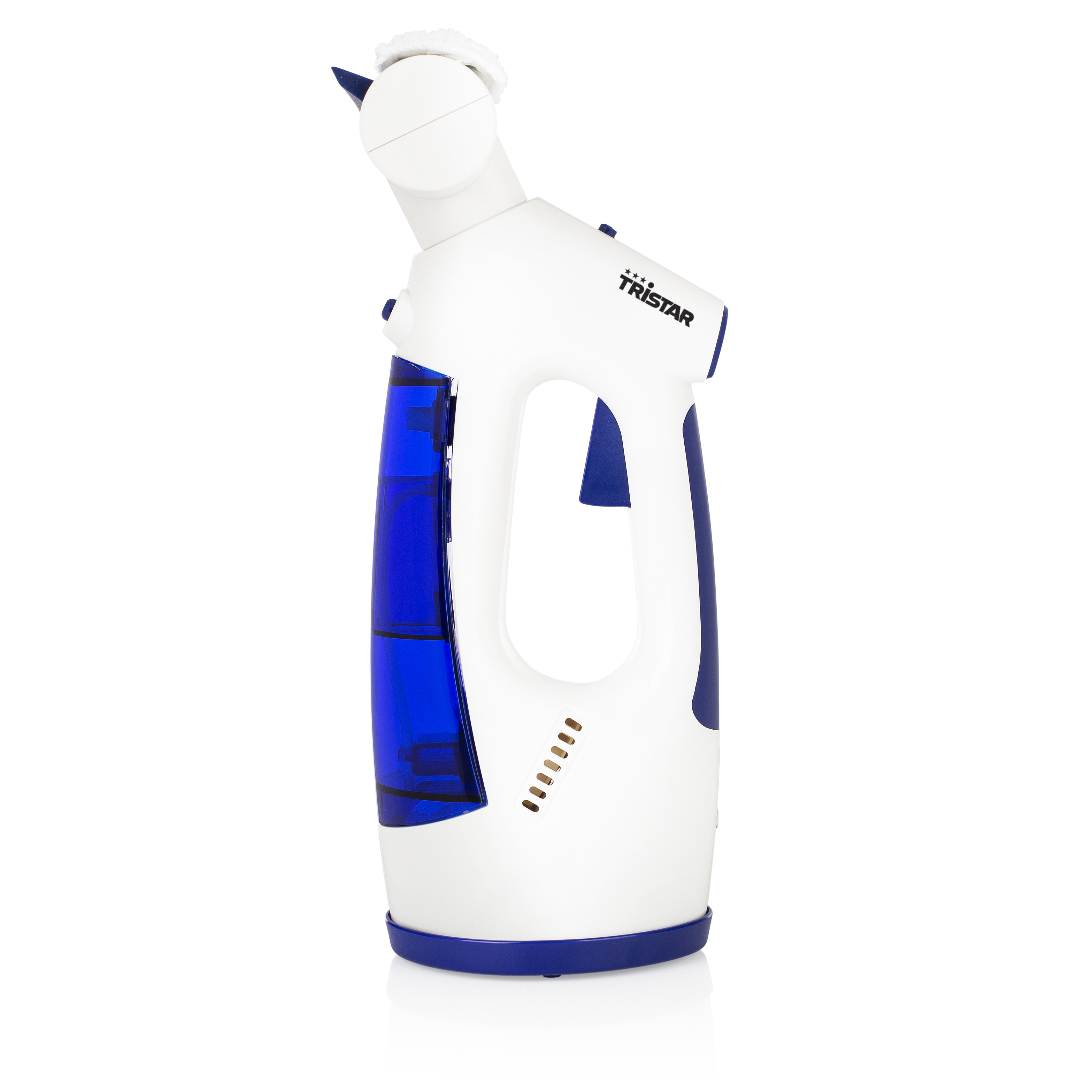 Un pulitore a vapore Tristar bianco e blu con manico, serbatoio dell'acqua e accessori per la pulizia.