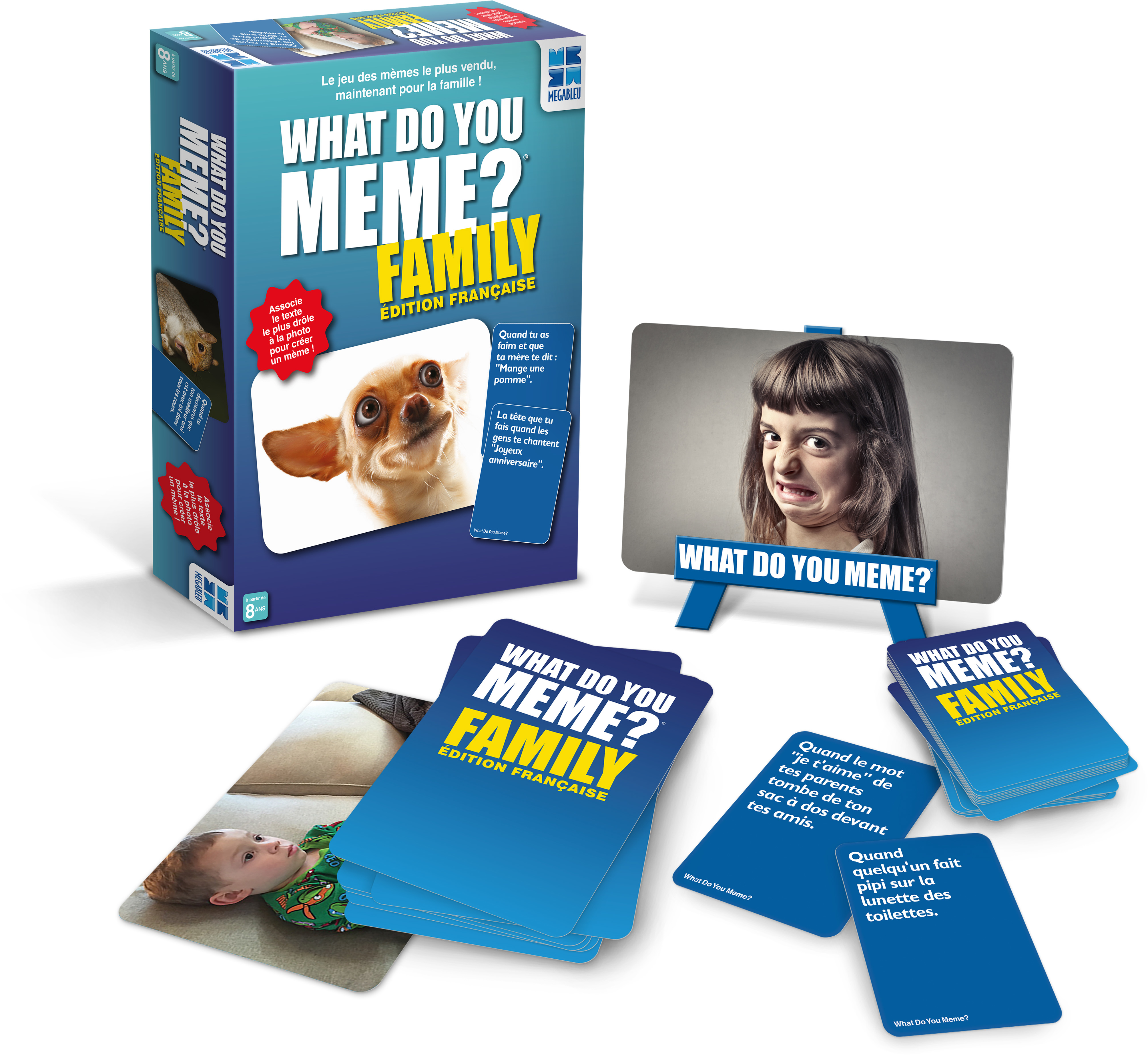 Pudełko gry 'What Do You Meme? Family Edition', karty i uchwyt na karty, ze zdjęciami.