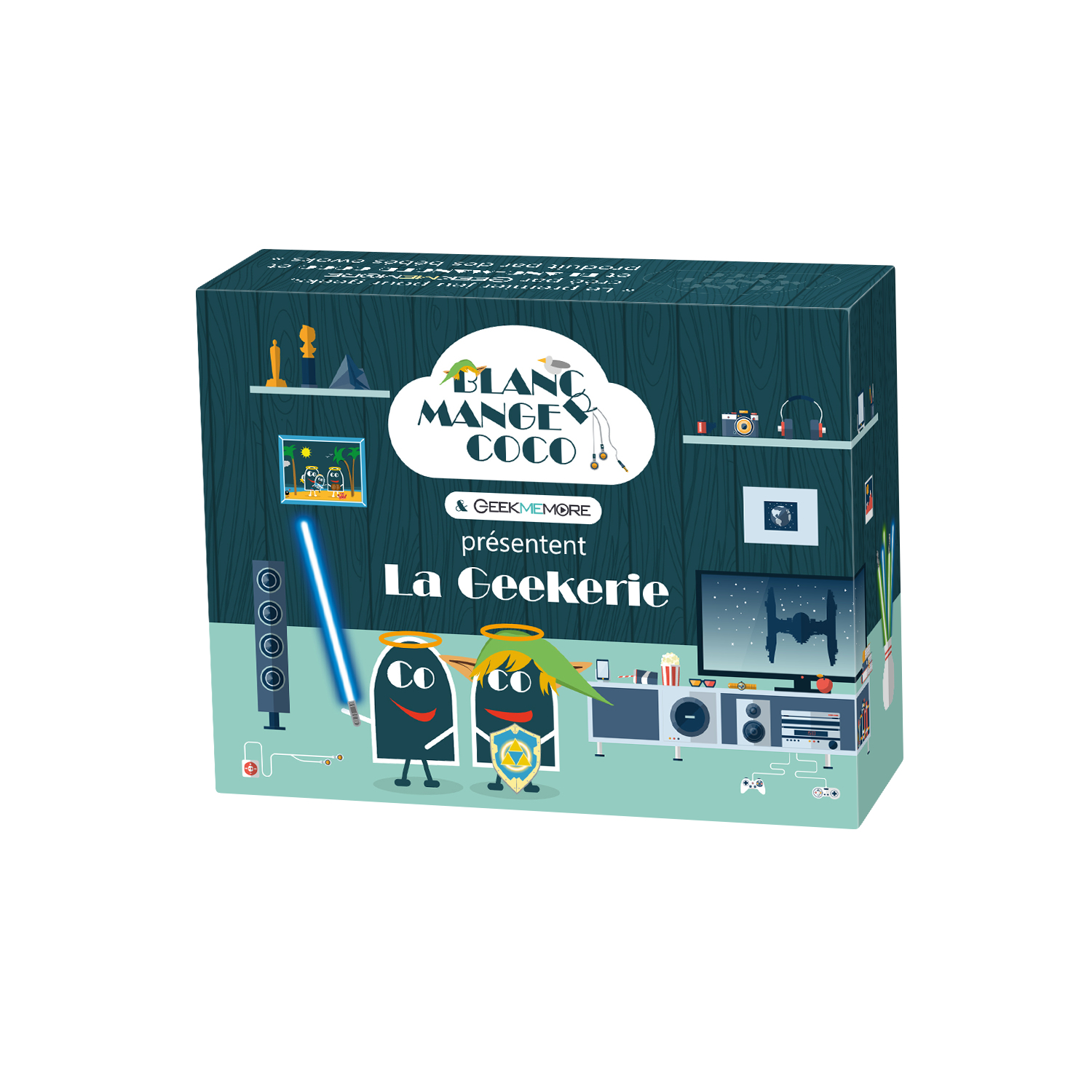 Pudełko z motywem gry: 'Blanc Manger Coco', z postaciami z kreskówek i elementami gry.