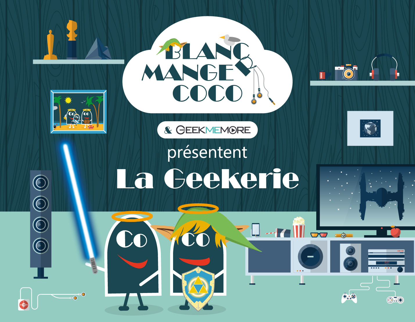 Ilustracja salonu z postaciami z kreskówek, telewizorem i akcesoriami do gier.