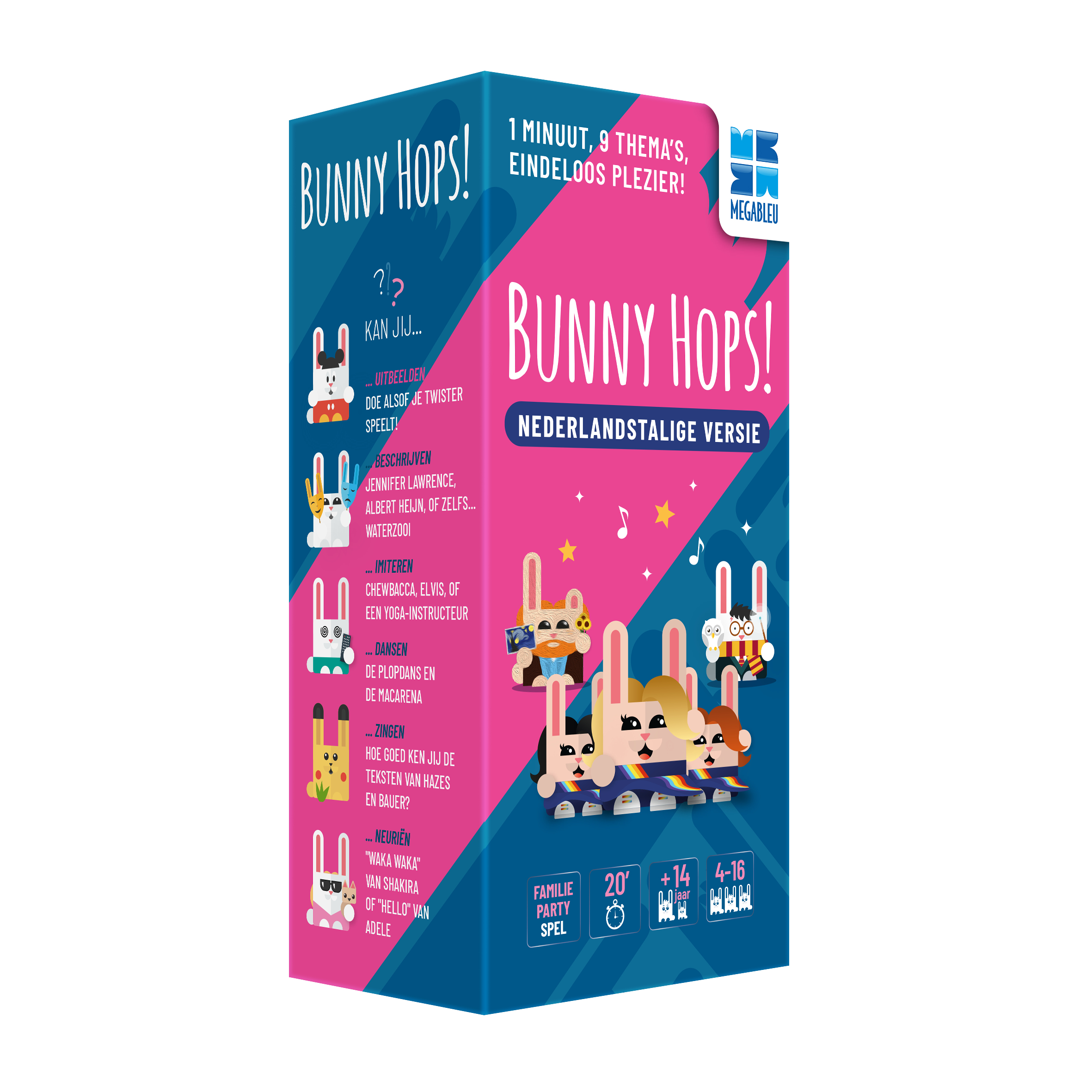 Doos van het Bunny Hops!-spel in het Nederlands. Toont konijnen en spelkaarten.