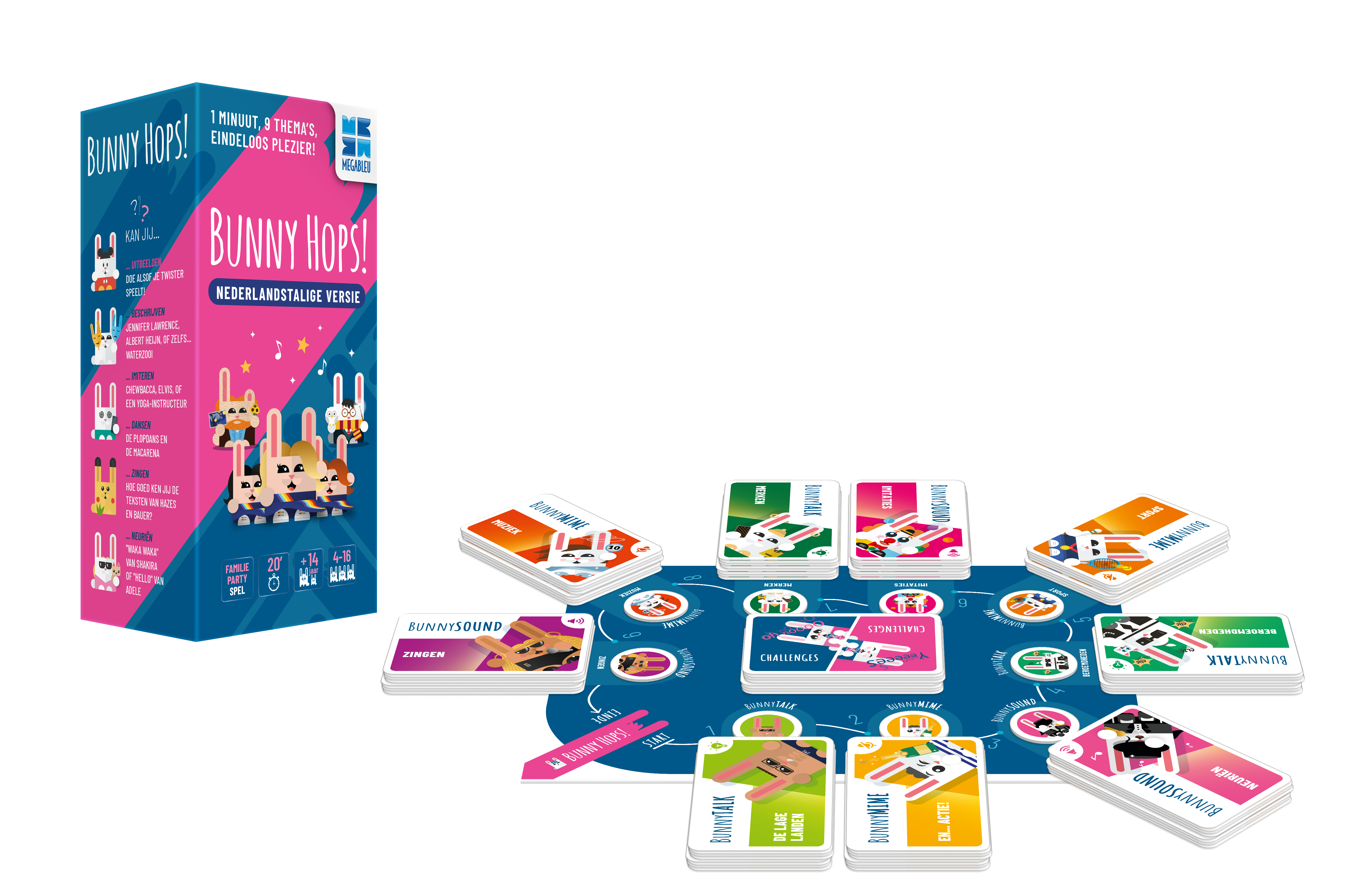 Bunny Hops bordspel met doos, bord, kaarten en speelstukken.