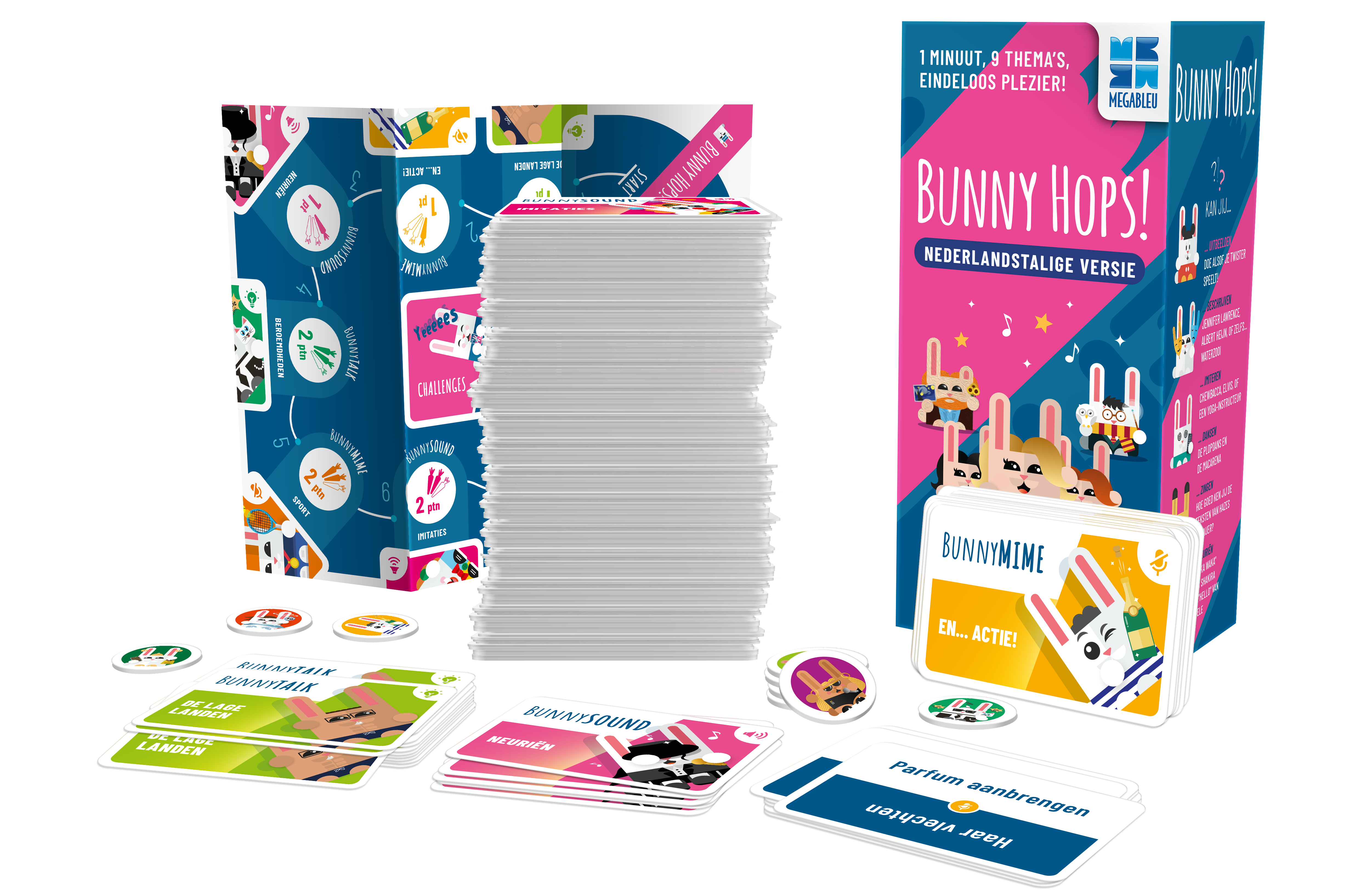 Verschillende componenten van het Nederlandse spel Bunny Hops!, inclusief kaarten en spelstukken.