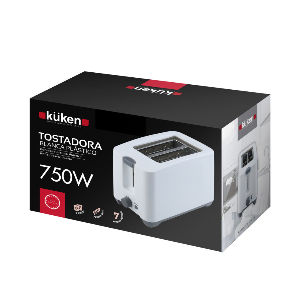 Weißer Toaster in einer Box mit Details. Der Toaster ist weiß. Die Box ist schwarz und weiß. Der Hintergrund ist weiß.