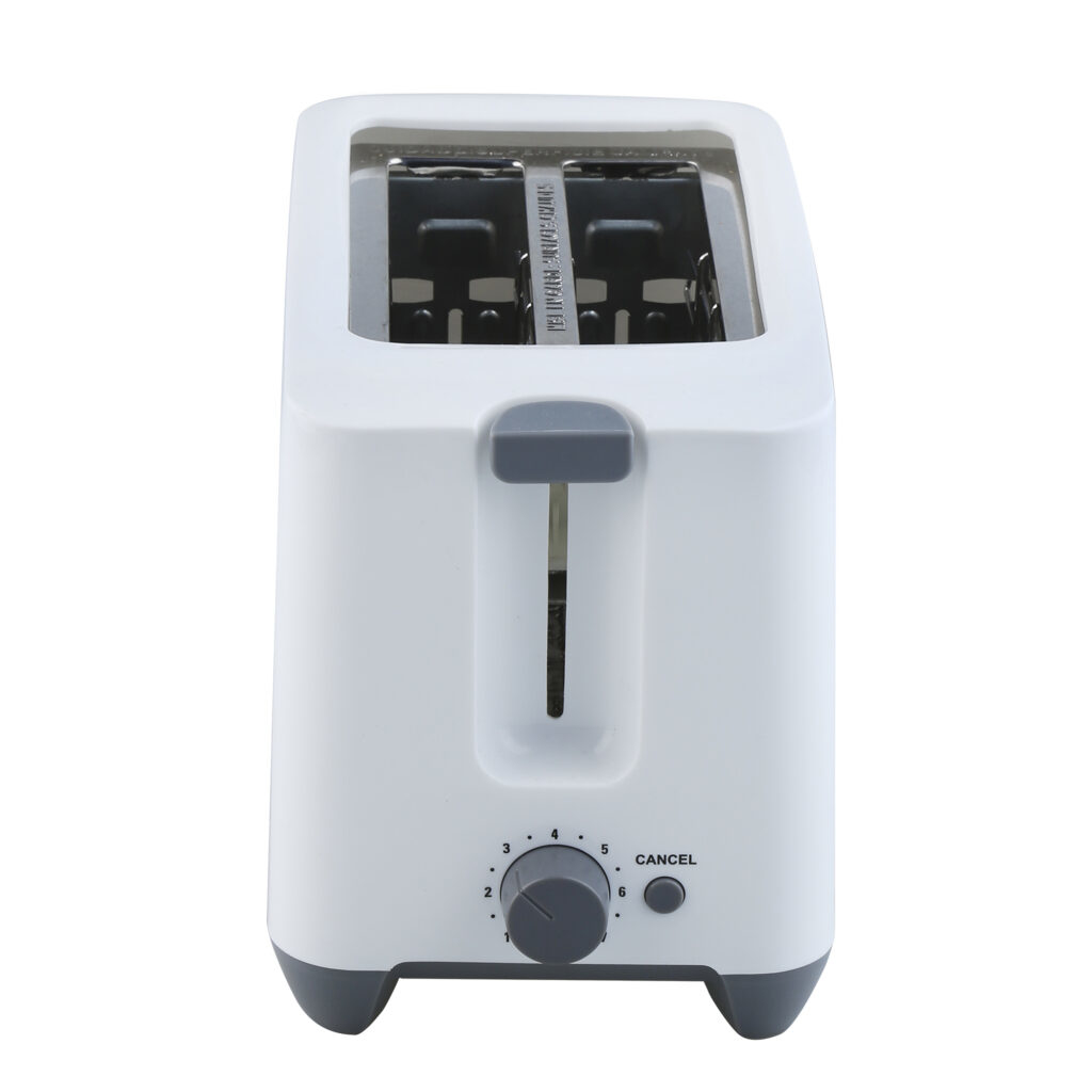 Weißer Toaster mit Drehregler und zwei Schlitzen. Der Hintergrund ist schlicht weiß.