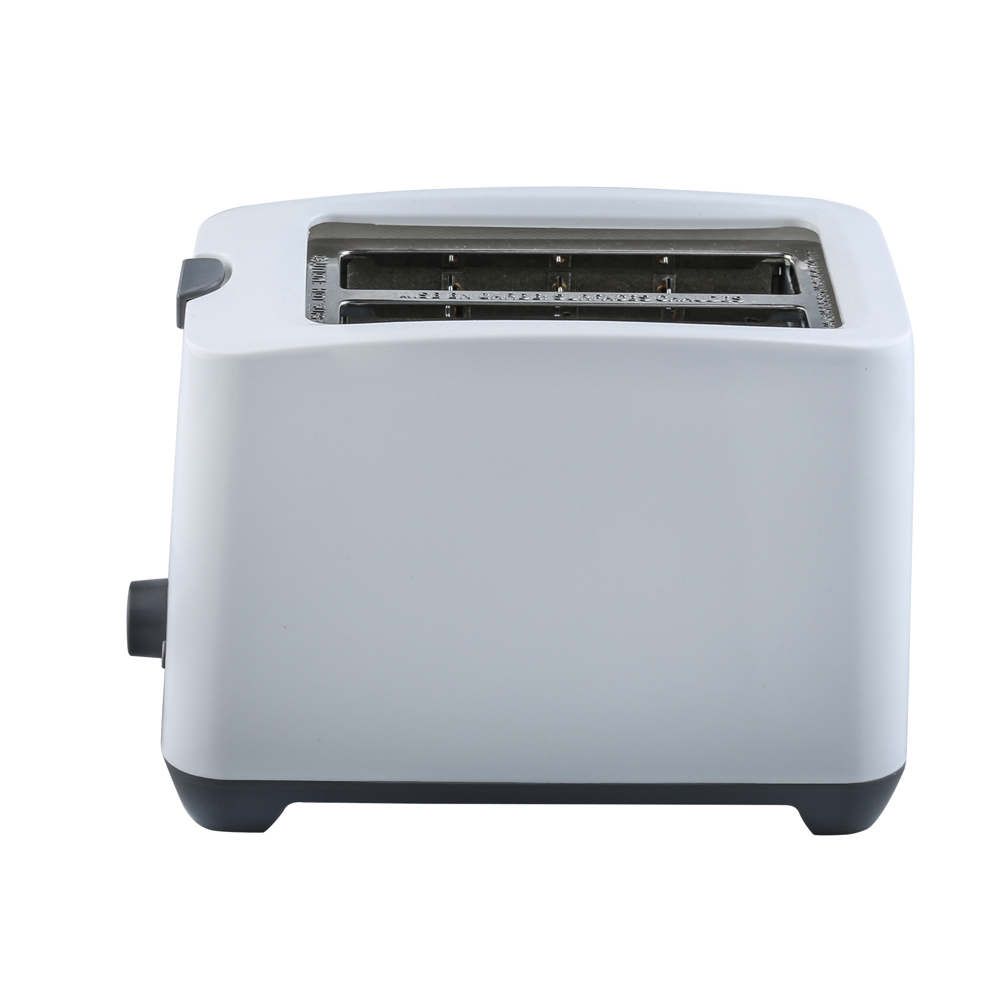 Weißer Toaster mit zwei Schlitzen und dunkler grauer Basis. Der Hintergrund ist schlicht weiß.