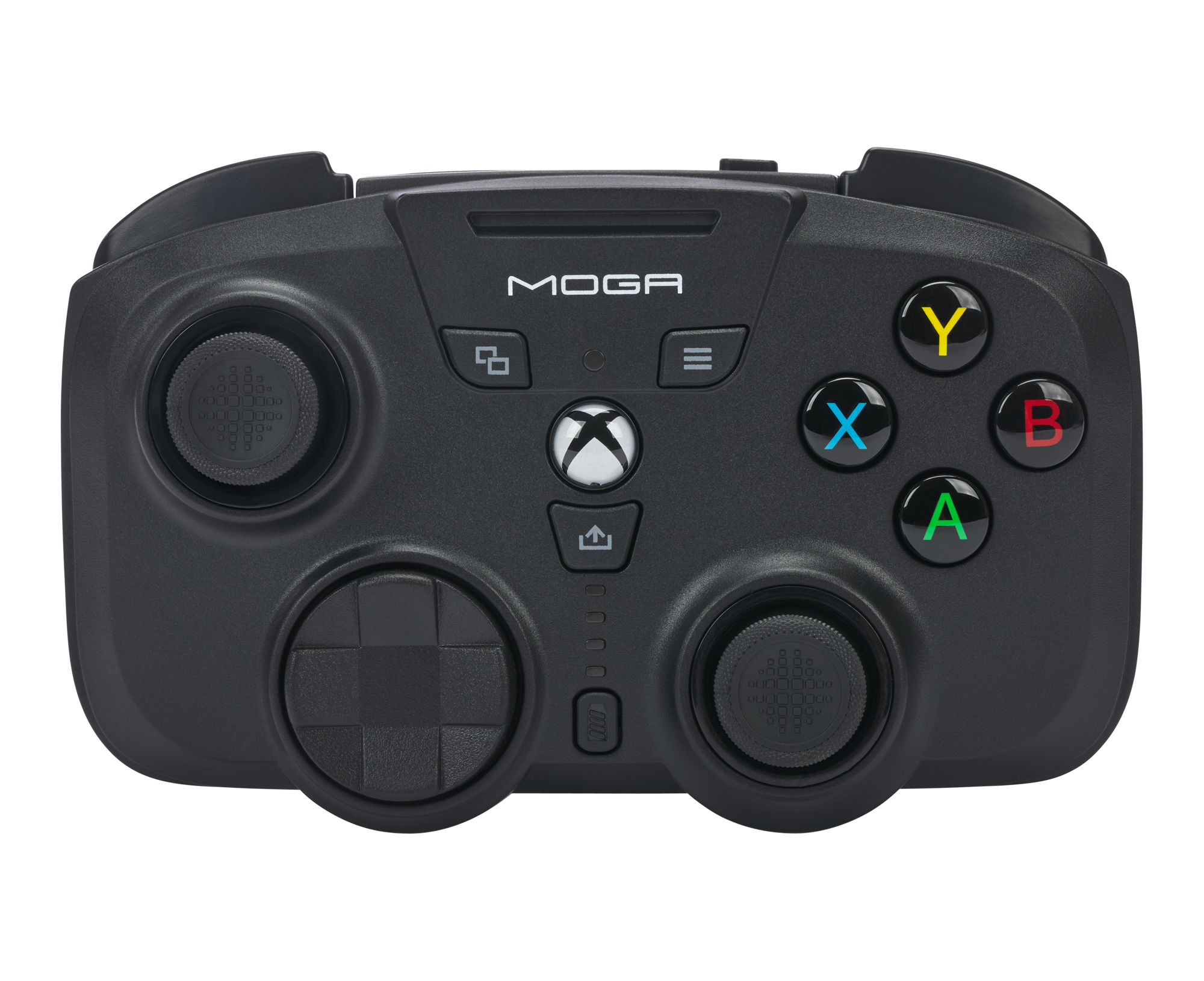 Schwarzer Gamecontroller mit Knöpfen und MOGA-Text. Das Objekt steht vor weißem Hintergrund.