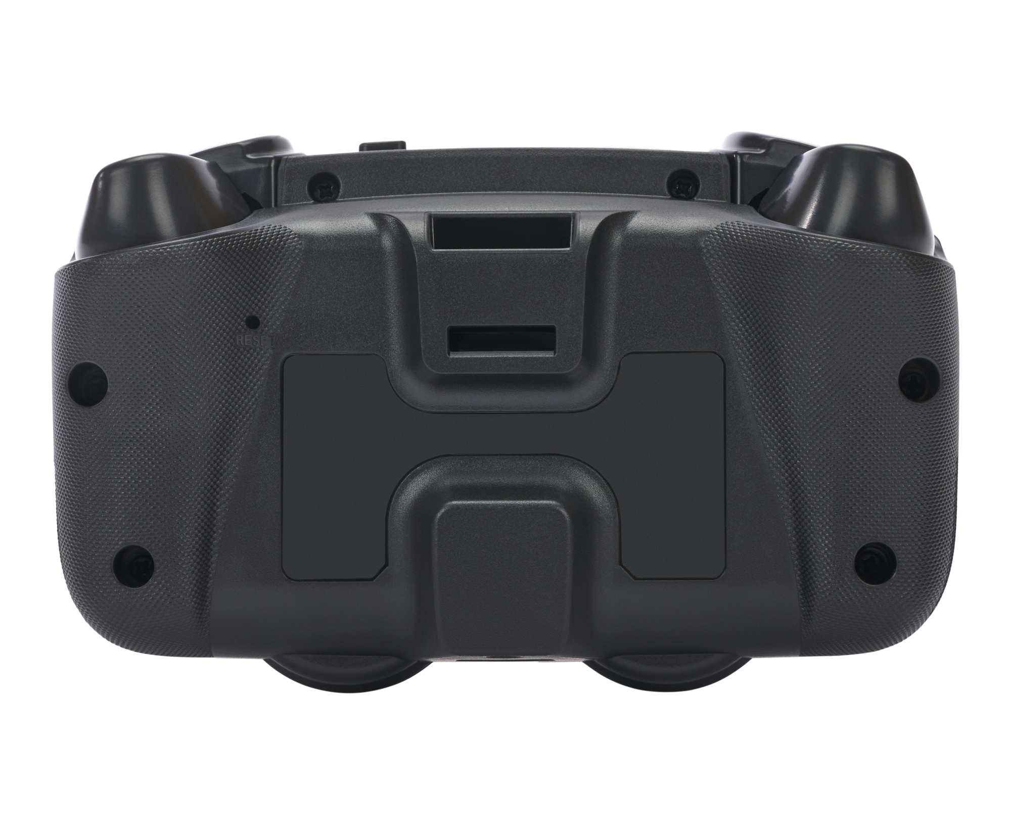 Schwarze Gamecontroller-Basis mit strukturierter Oberfläche und verschiedenen Löchern. Das Objekt steht vor weißem Hintergrund.
