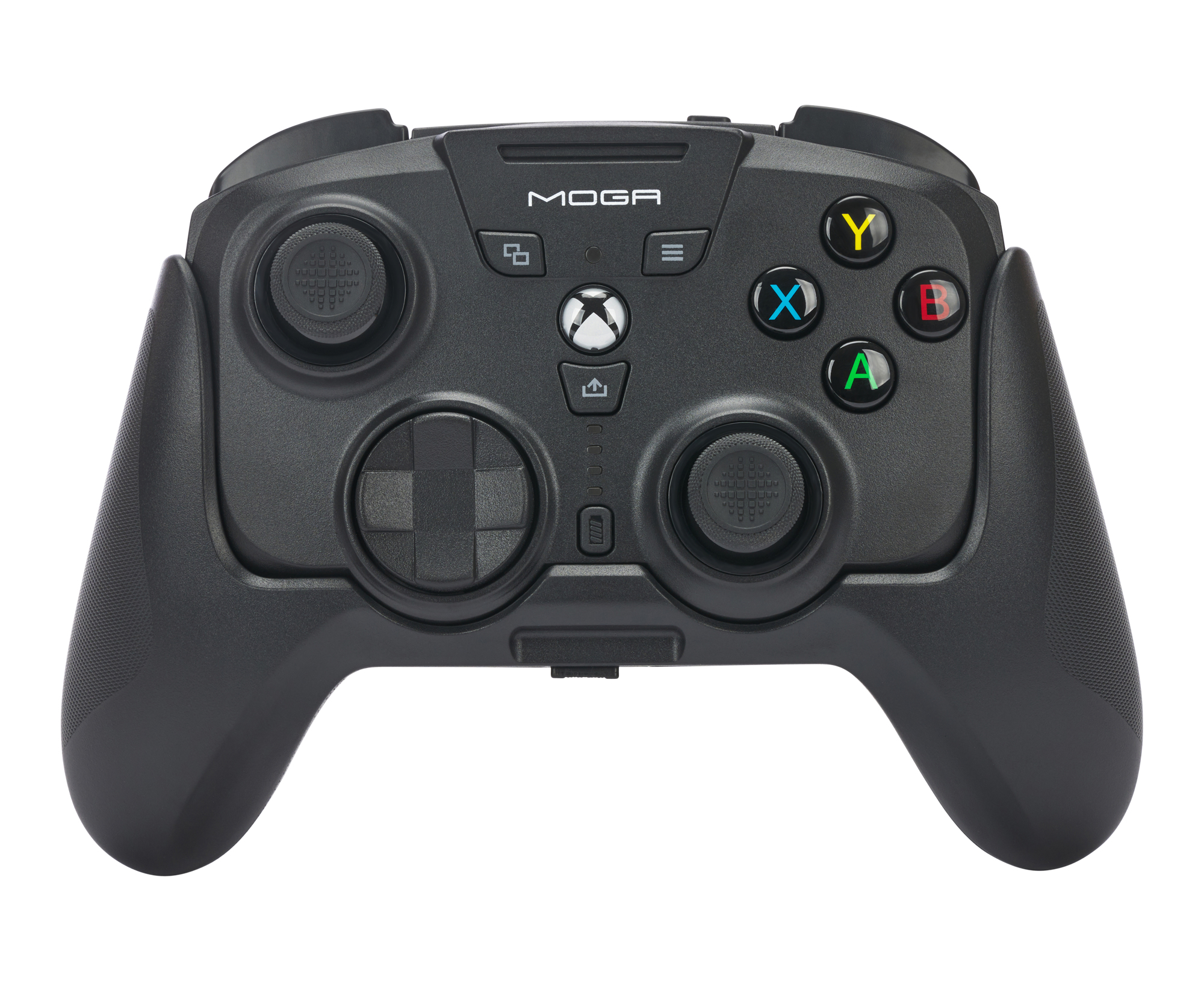 Schwarzer MOGA Xbox-Controller mit Knöpfen und Joysticks.