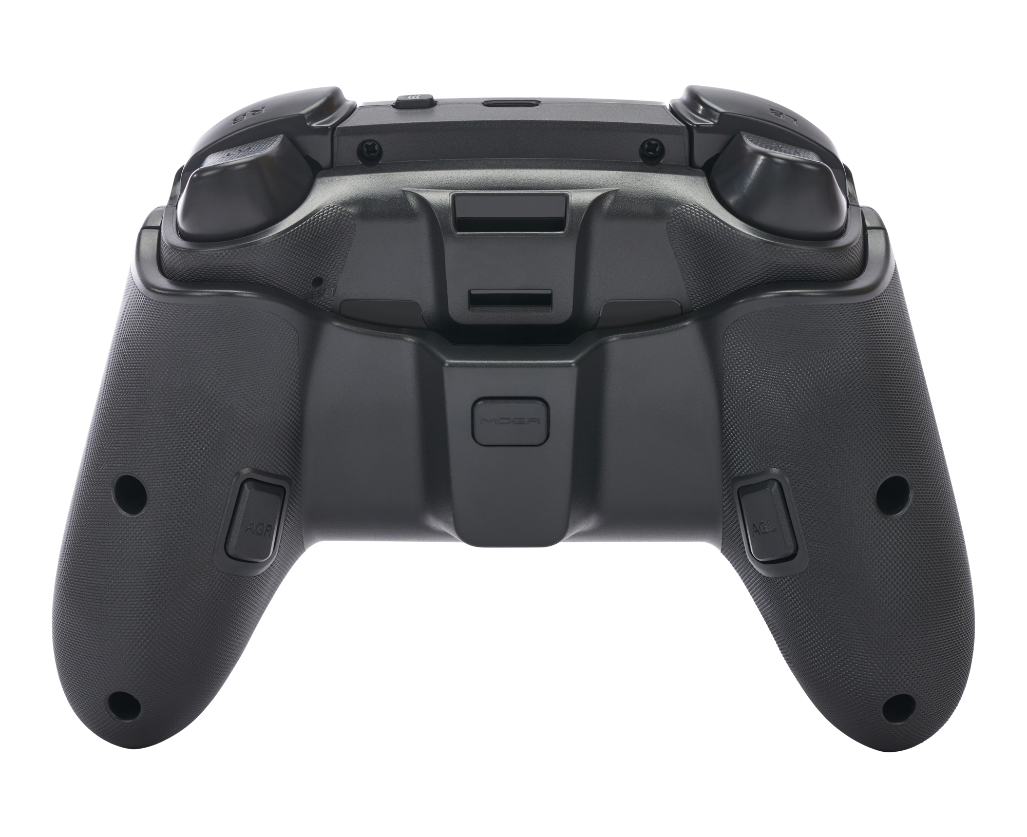 Schwarzer Gamecontroller mit strukturierter Oberfläche und Knöpfen. Das Objekt steht vor weißem Hintergrund.