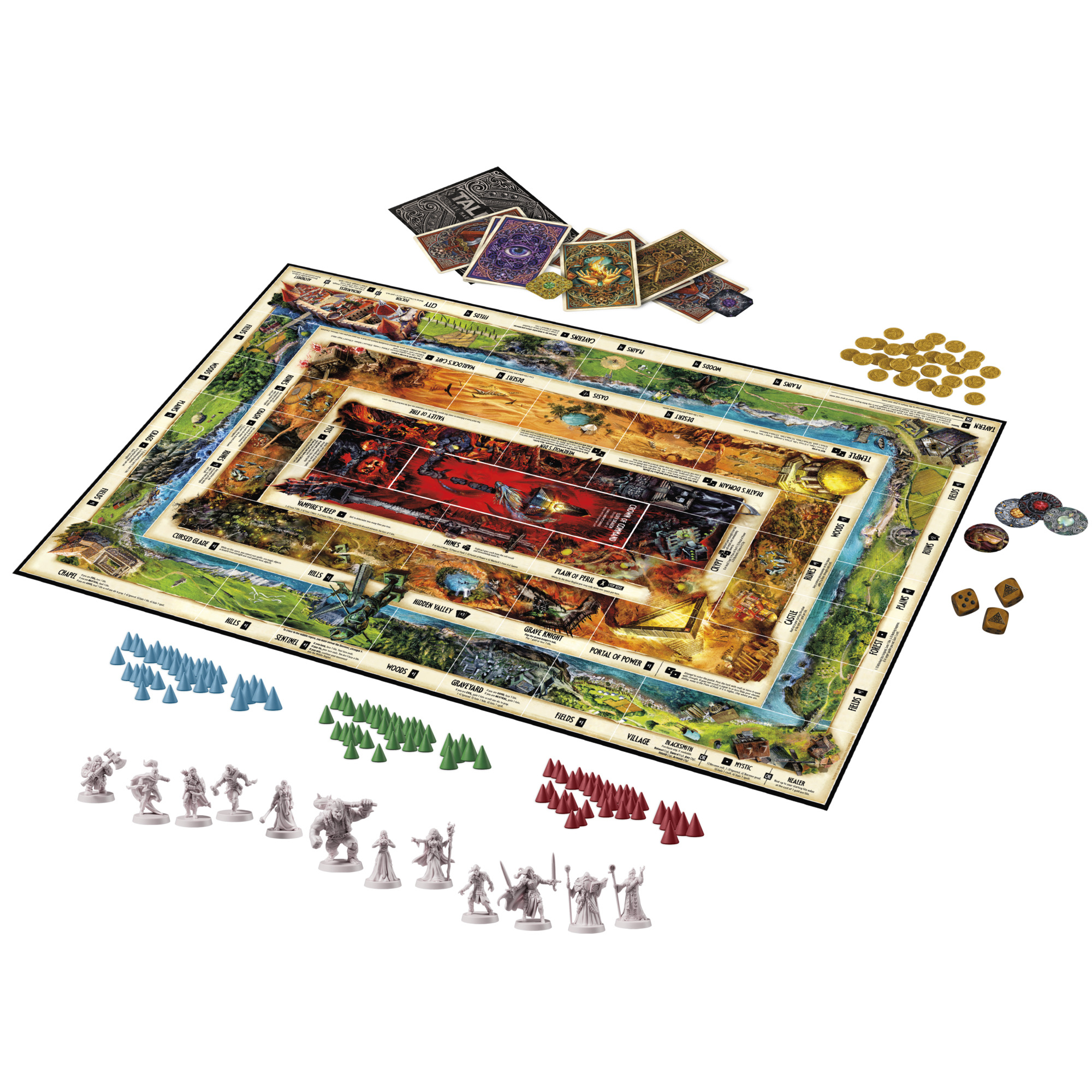 Brettspiel mit Spielbrett, Karten, Figuren und Würfeln. Buntes Spielbrett mit verschiedenen Pfaden und Bereichen.