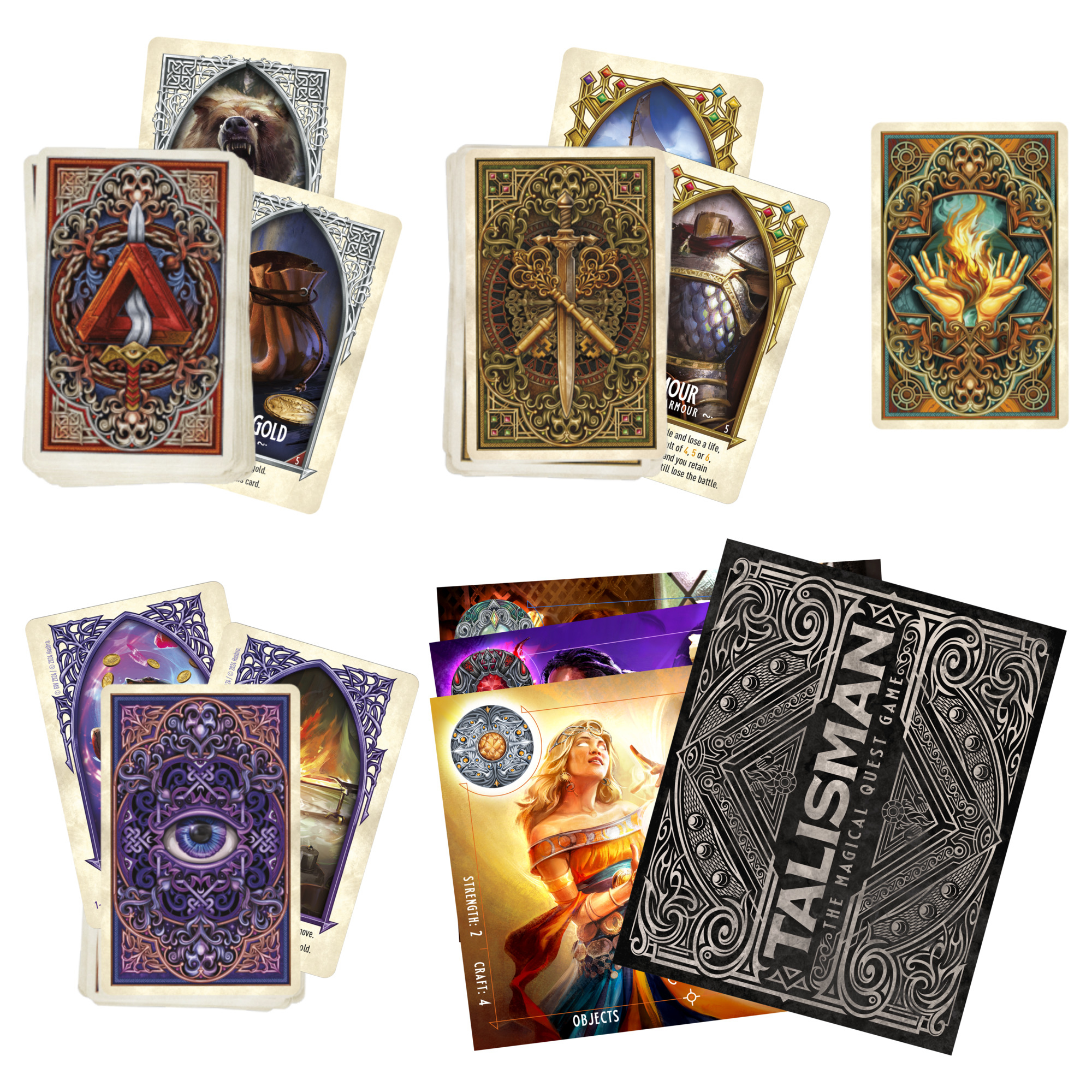 Eine Sammlung von Talisman-Spielkarten. Die Karten zeigen verschiedene Fantasy-Themenbilder und -Texte.