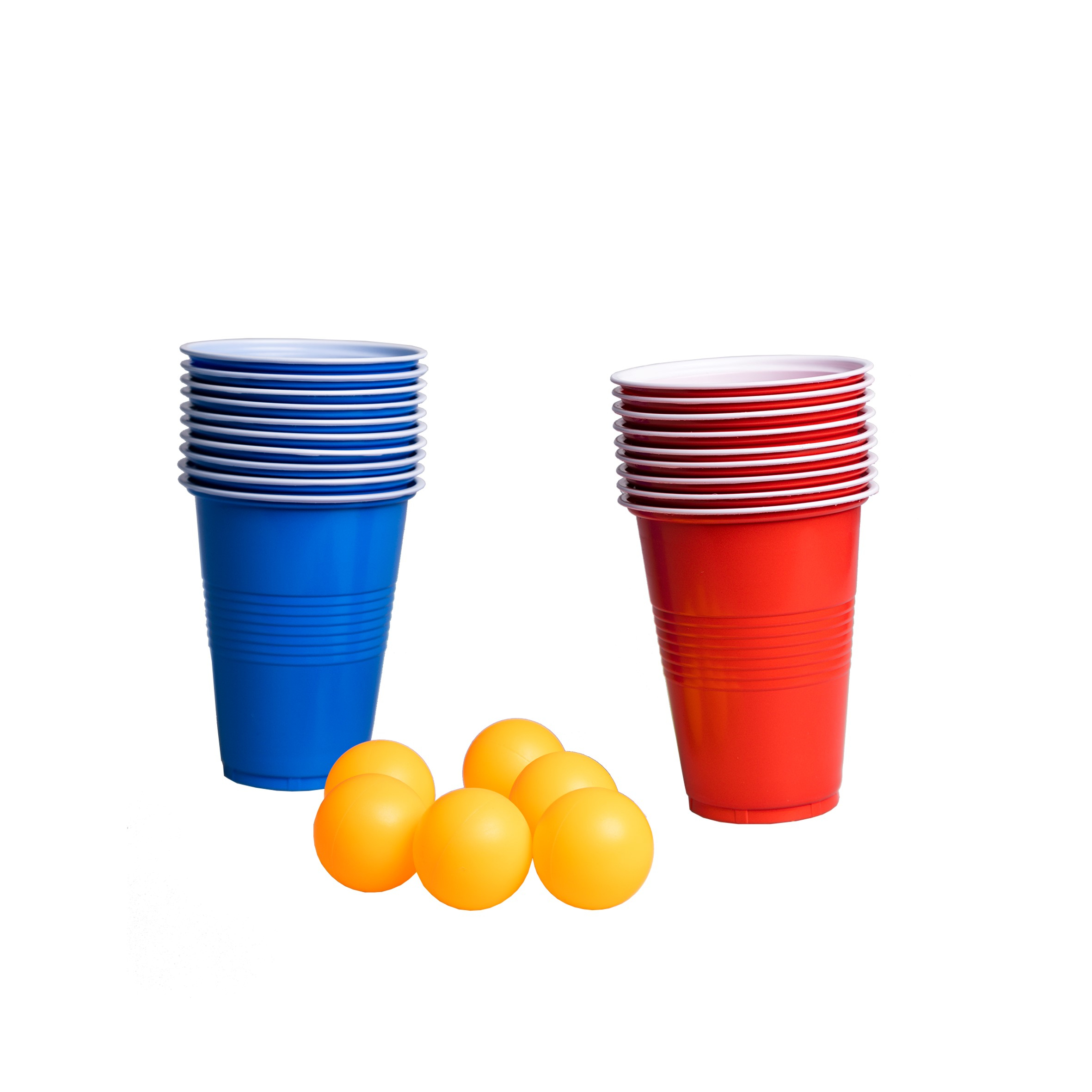 Stack of blue cups, stack of red cups, and yellow balls. Ready for a beer pong game on white background.