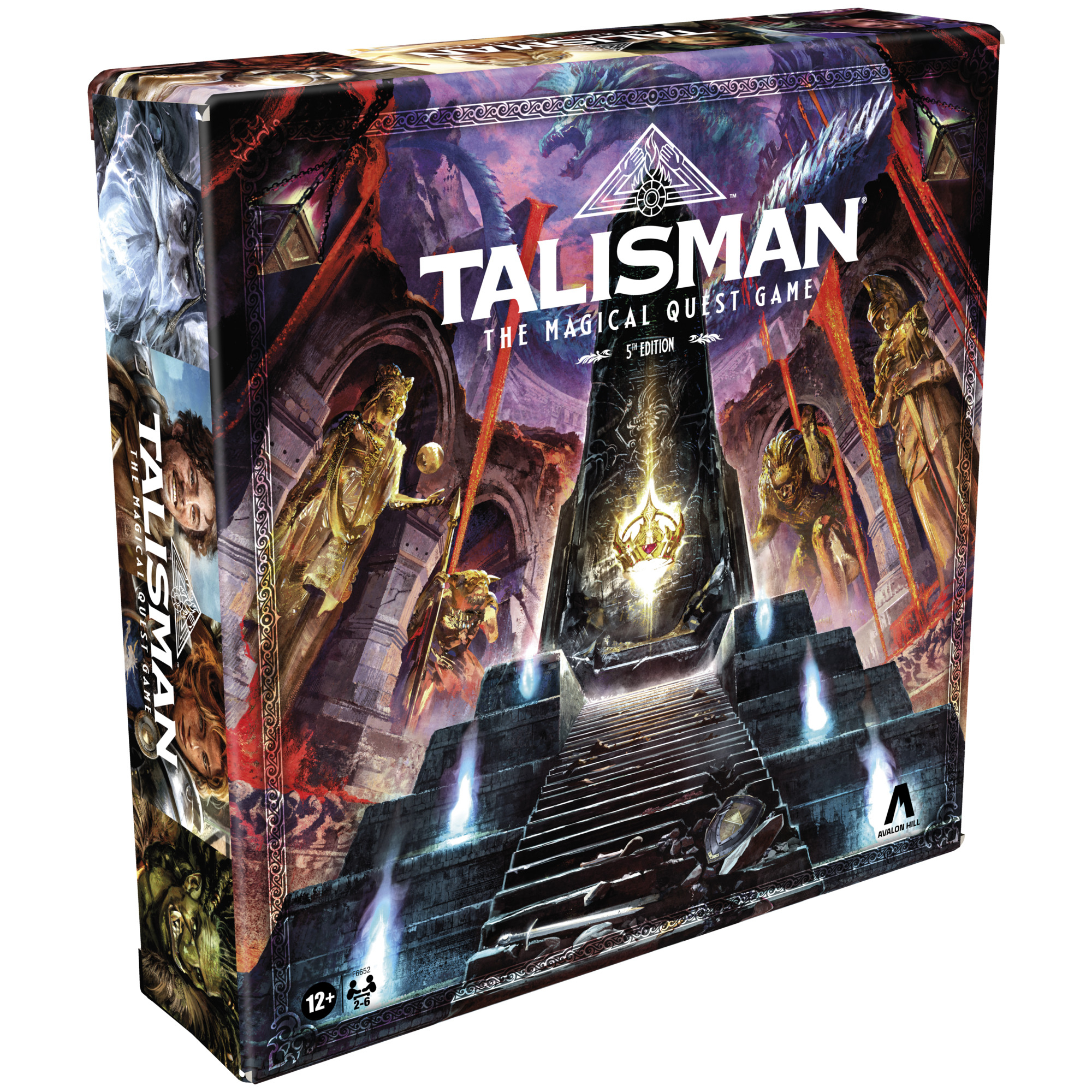 Die Talisman-Spielbox. Das Artwork zeigt eine Fantasieszene mit Figuren, einem Turm und dem Logo des Spiels.