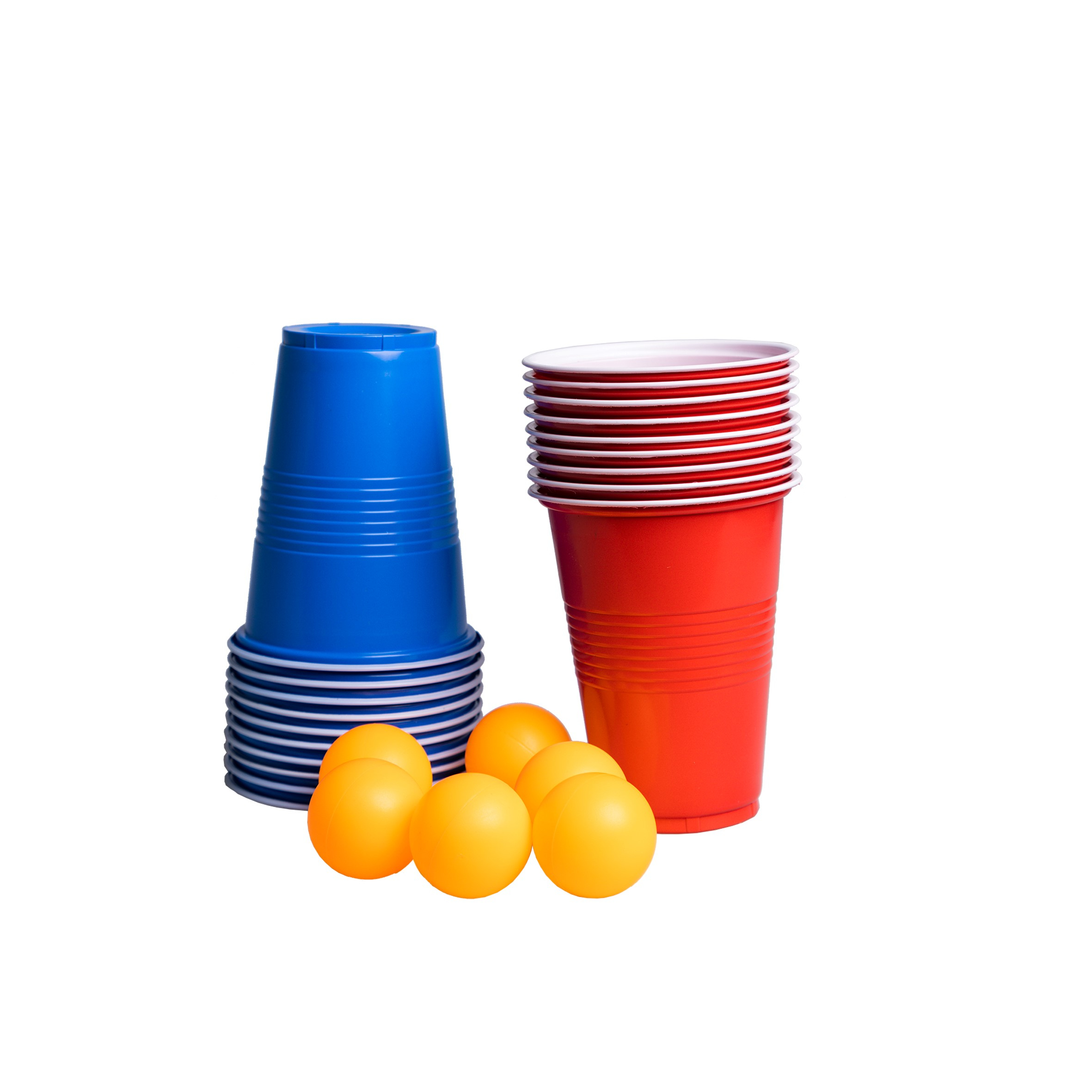 Two stacks of plastic cups, one blue and one red, with orange ping pong balls in front of them.