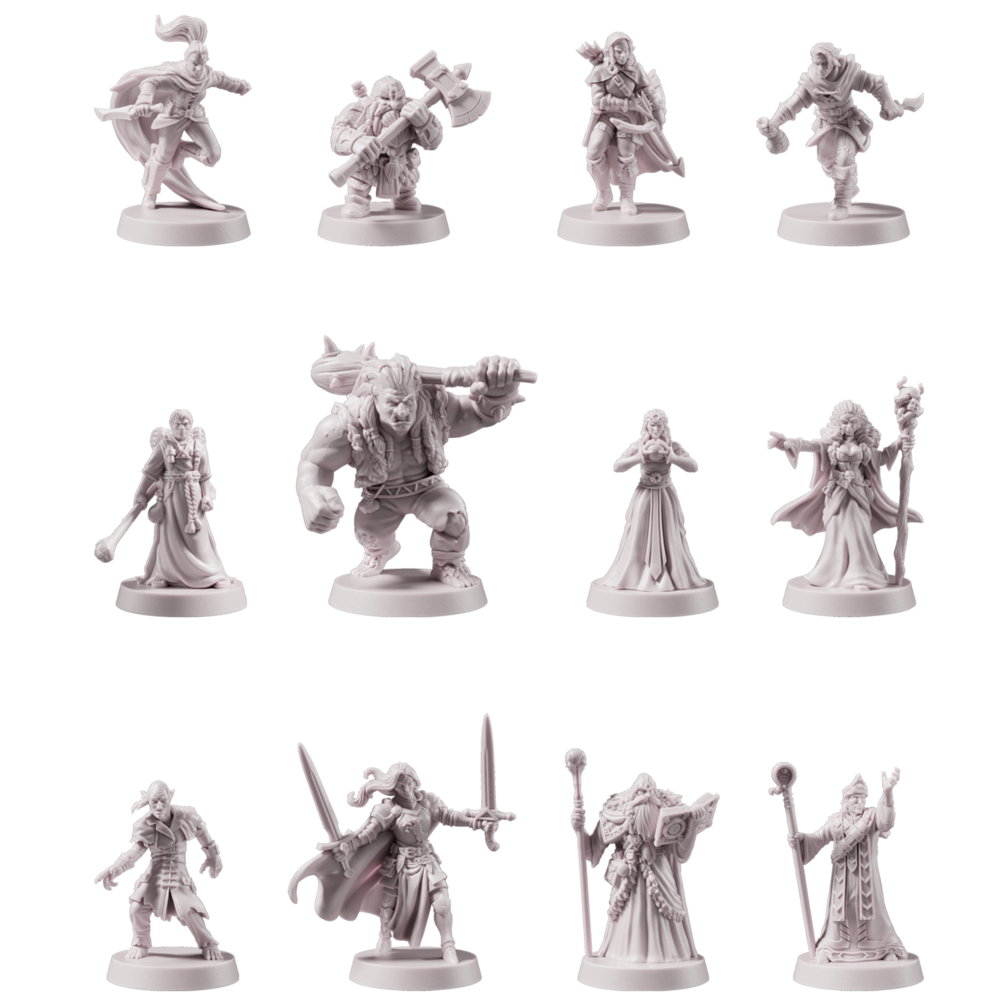 Gruppe kleiner Figuren. Verschiedene Fantasy-Figuren, alle grau und in die gleiche Richtung gerichtet.