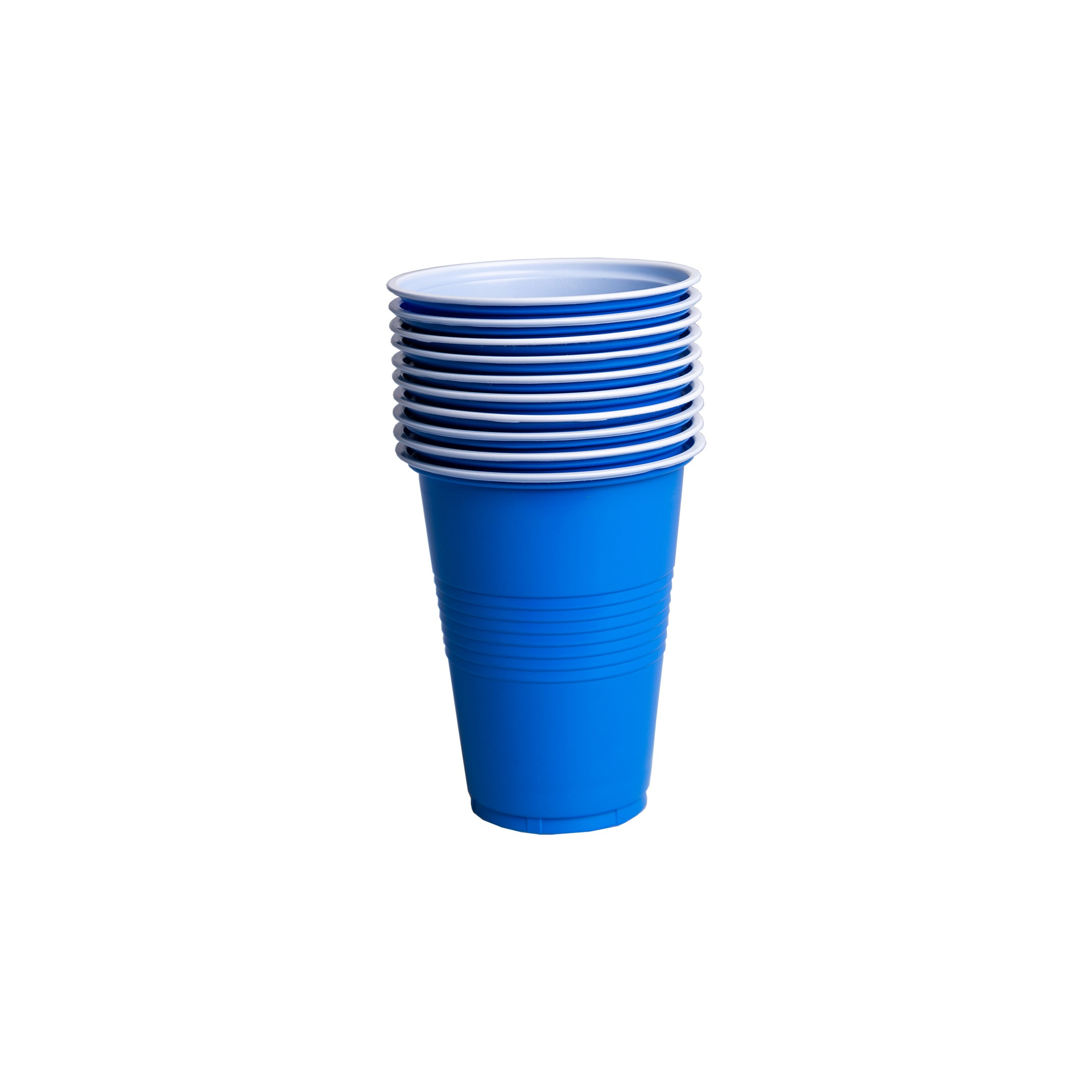 A stack of blue plastic cups with white rims, arranged in a neat pile.