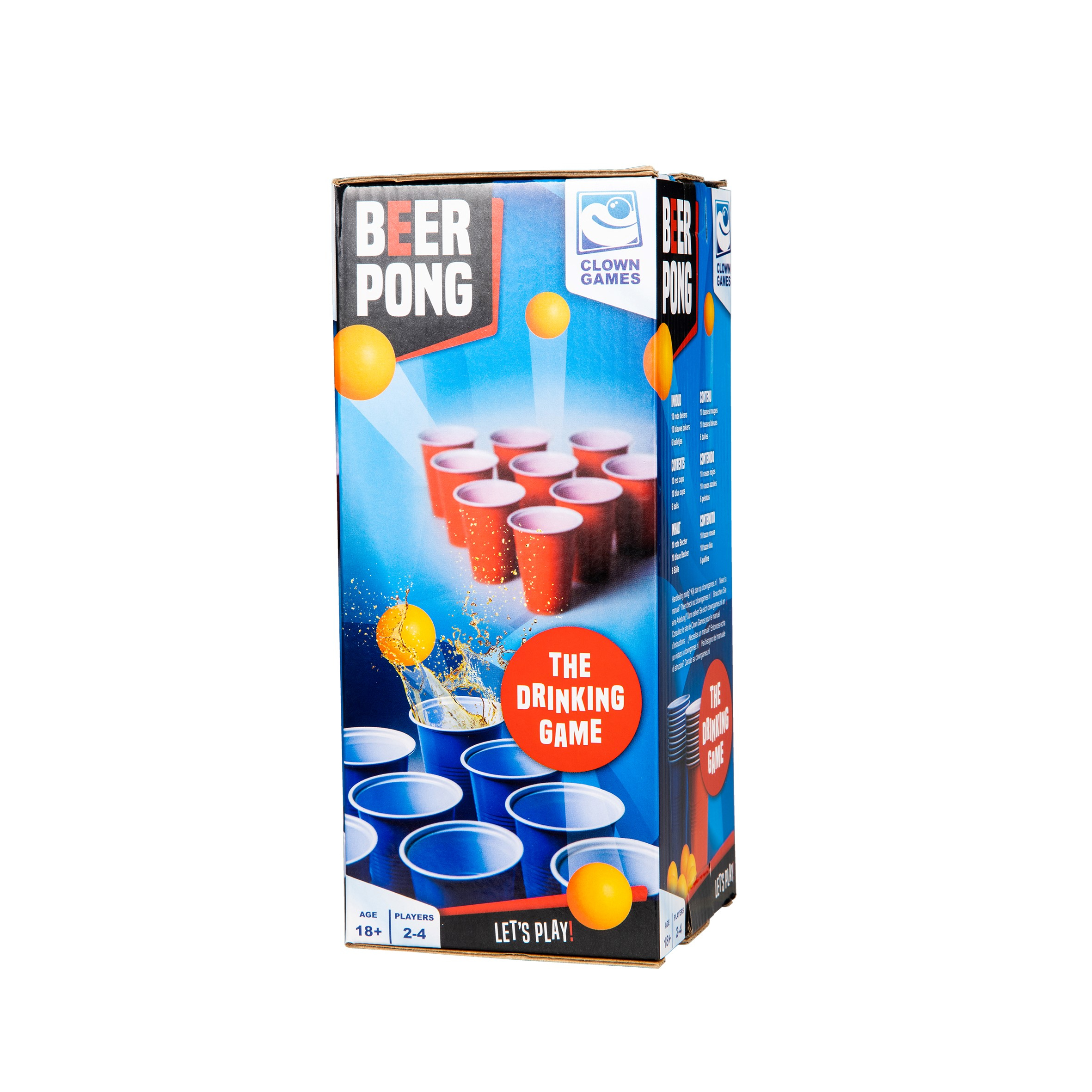 A game box labeled 'Beer Pong' with red and blue cups and ping pong balls. The box says 'The Drinking Game'.