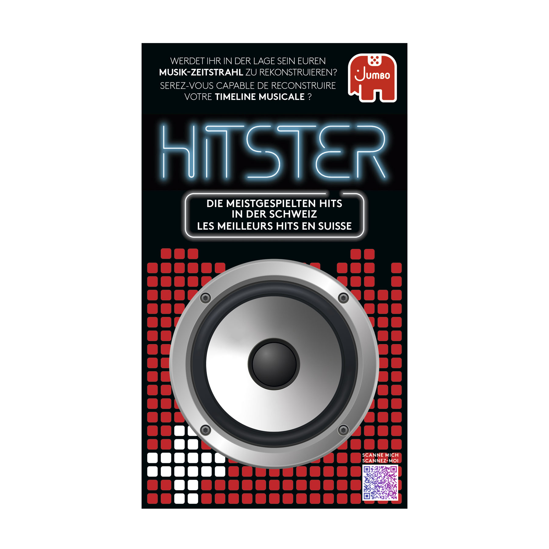 Une affiche avec un graphique de haut-parleur et le titre du jeu de société 'Hitster'.