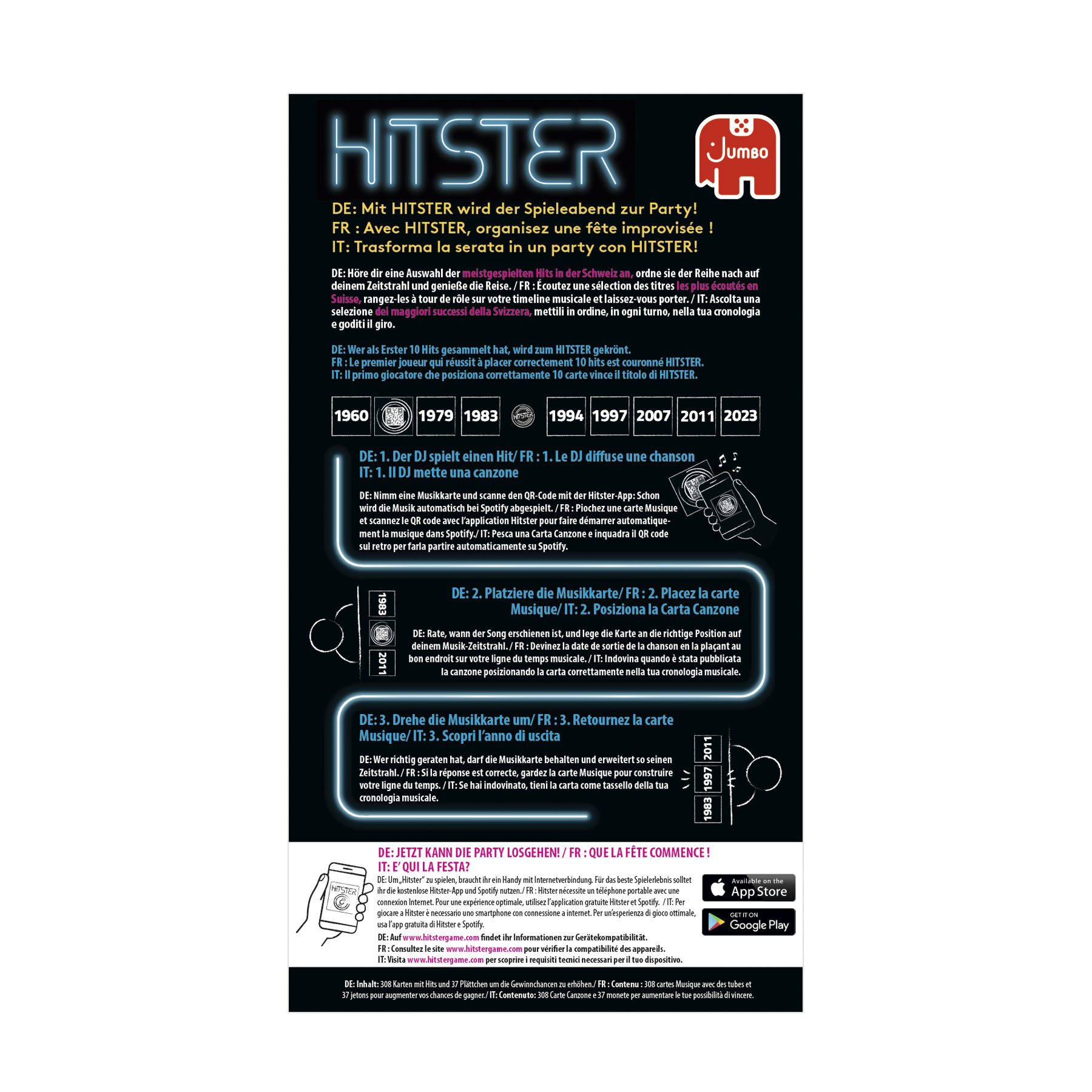 Affiche avec les instructions du jeu HITSTER, avec un fond rouge et des codes QR.
