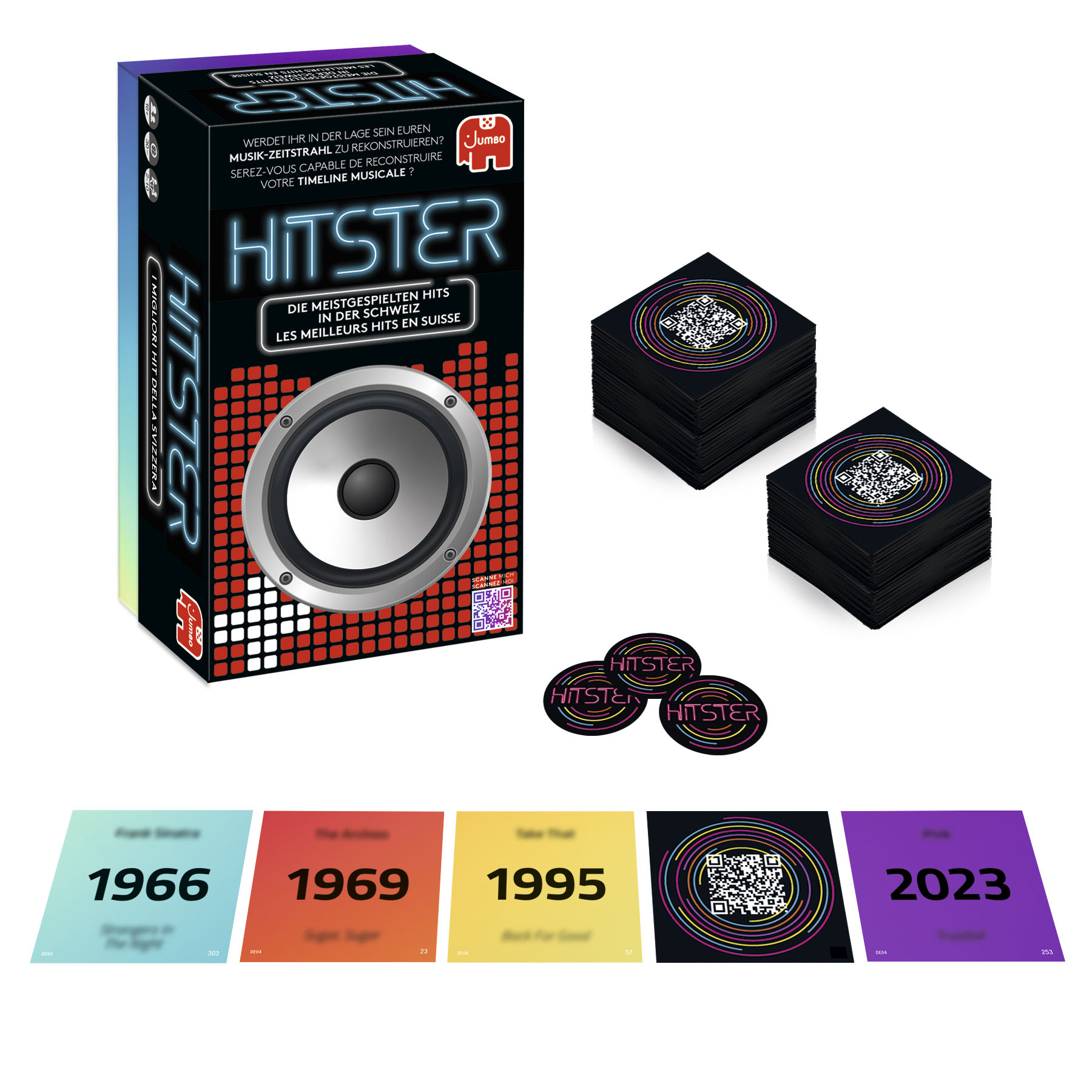 Jeu de société avec cartes, jetons et cartes de chronologie. 'Hitster' est le titre.