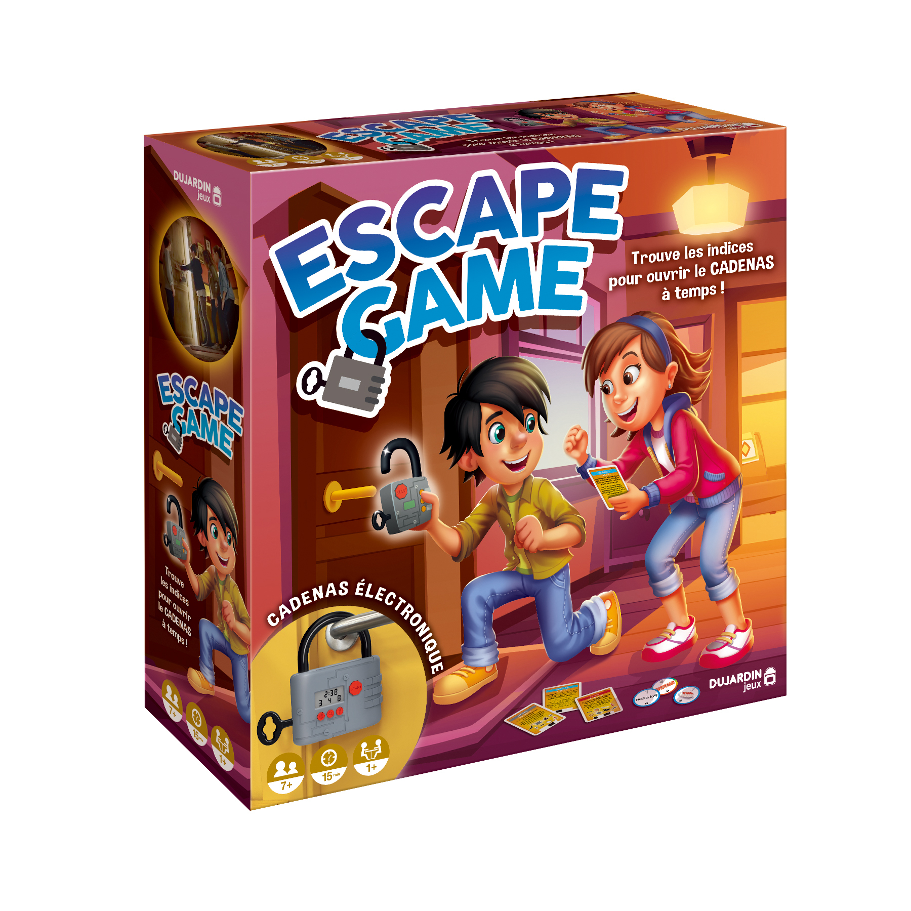 Doos van een escapespel met illustraties van personages, een slot en de titel.