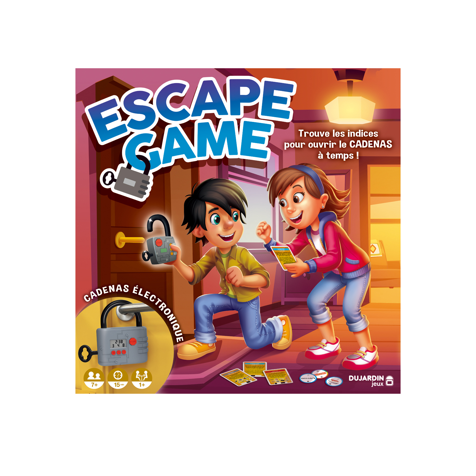 Illustratie van een bordspeldoos, met kinderen met een slot en een sleutel.