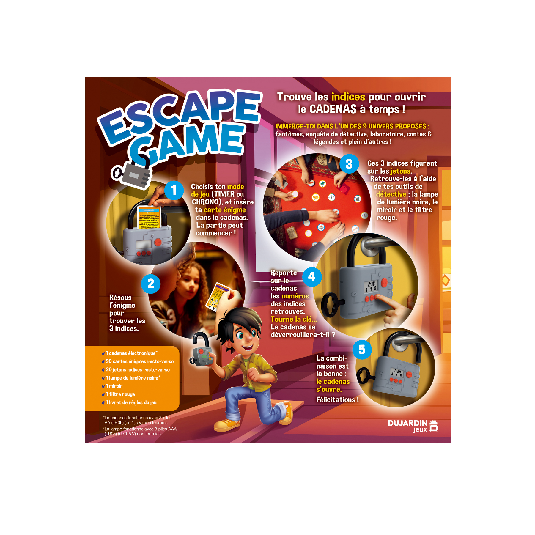 Een escape game box met spelinstructies en een elektronisch slot.