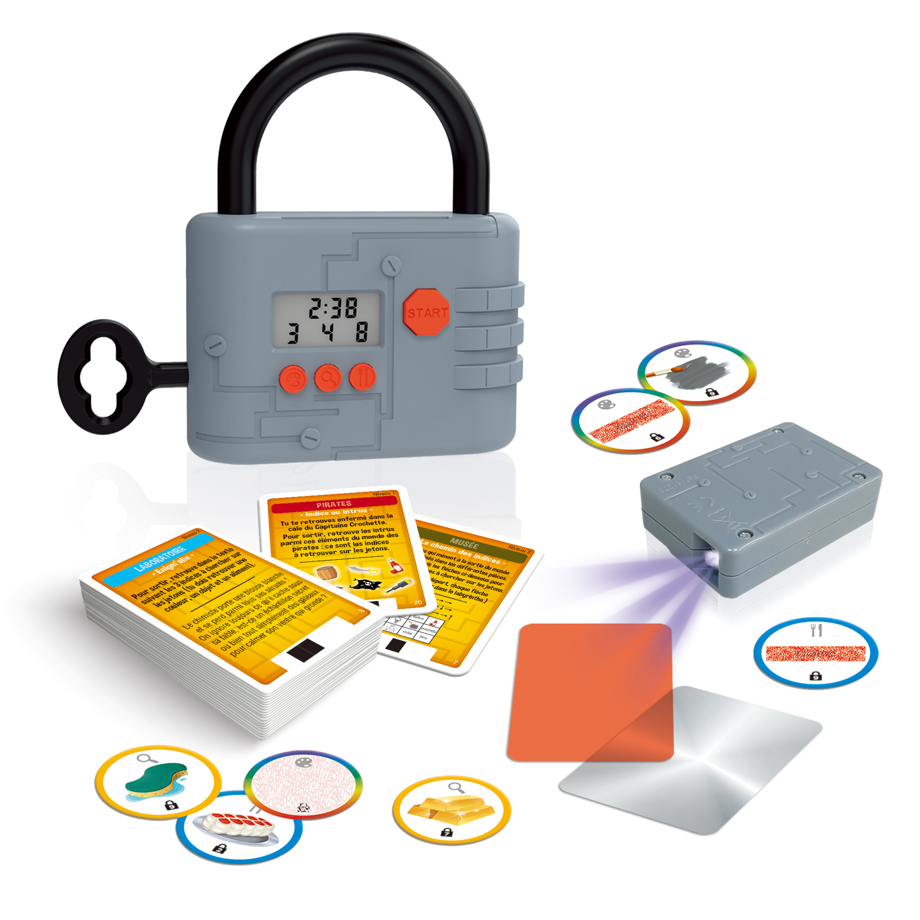 Een escape game set met een grijs elektronisch slot, kaarten en andere spelonderdelen.