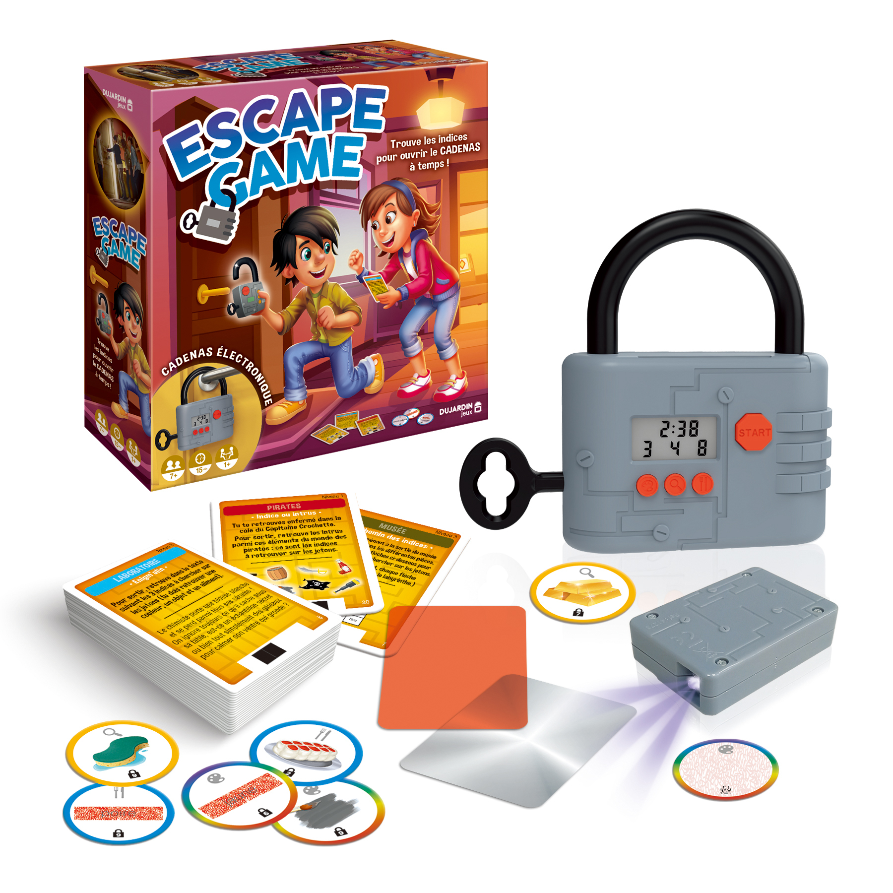 Een bordspel, spelstukken en een digitaal slot. De doos toont kinderen met een slot.