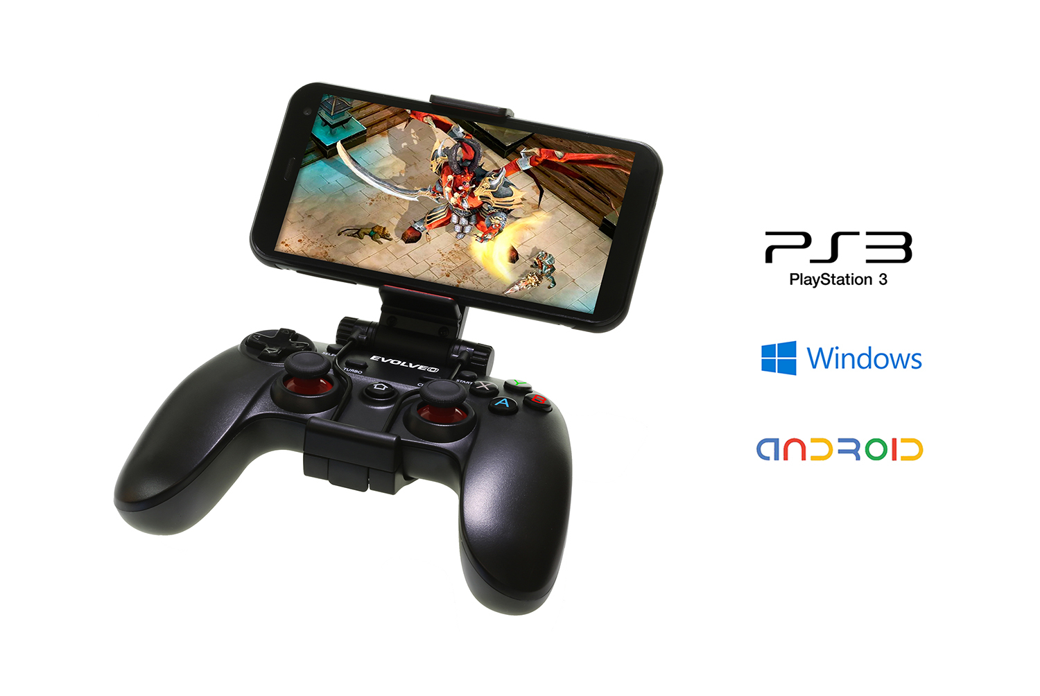 Telefon w uchwycie podłączony do czarnego kontrolera do gier. Logo PS3, Windows i Android po prawej.
