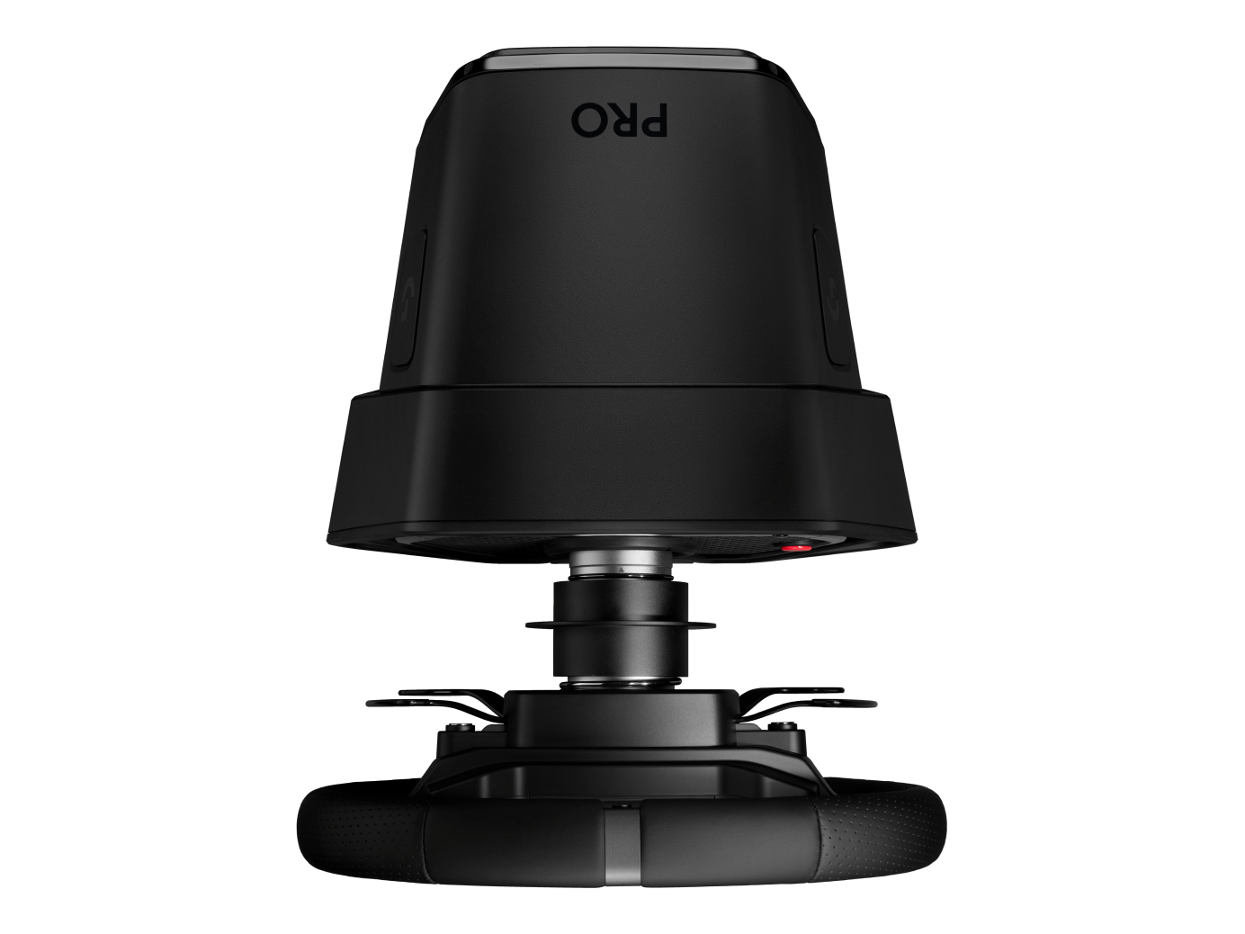 Czarna kierownica wyścigowa, widok od dołu, z czarną podstawą, na białym tle.