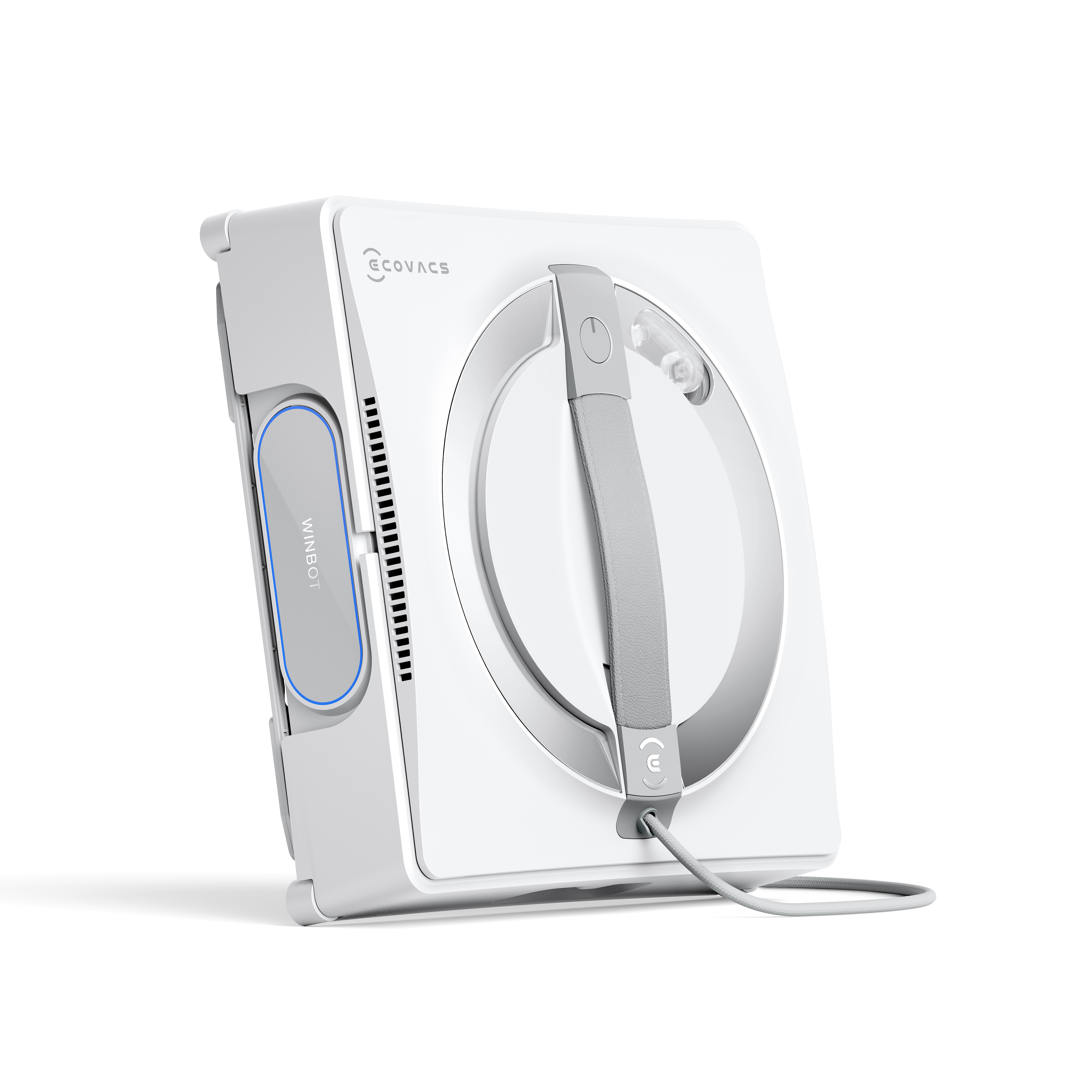 Biały kwadratowy robot do czyszczenia okien, szary uchwyt i przewód zasilający. Marka Ecovacs Winbot.