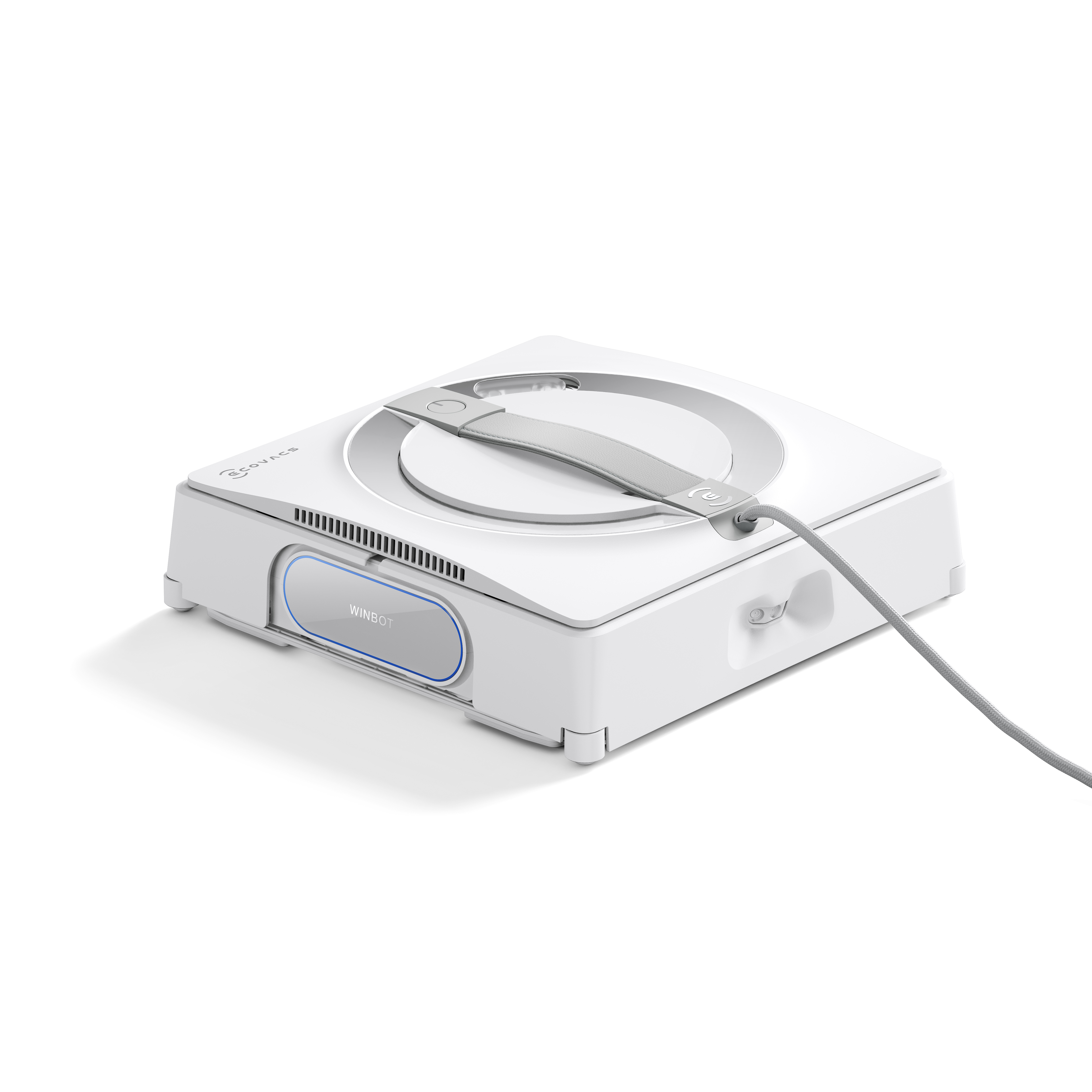 Biały, kwadratowy robot do czyszczenia okien na białym tle. Pokazuje spód.