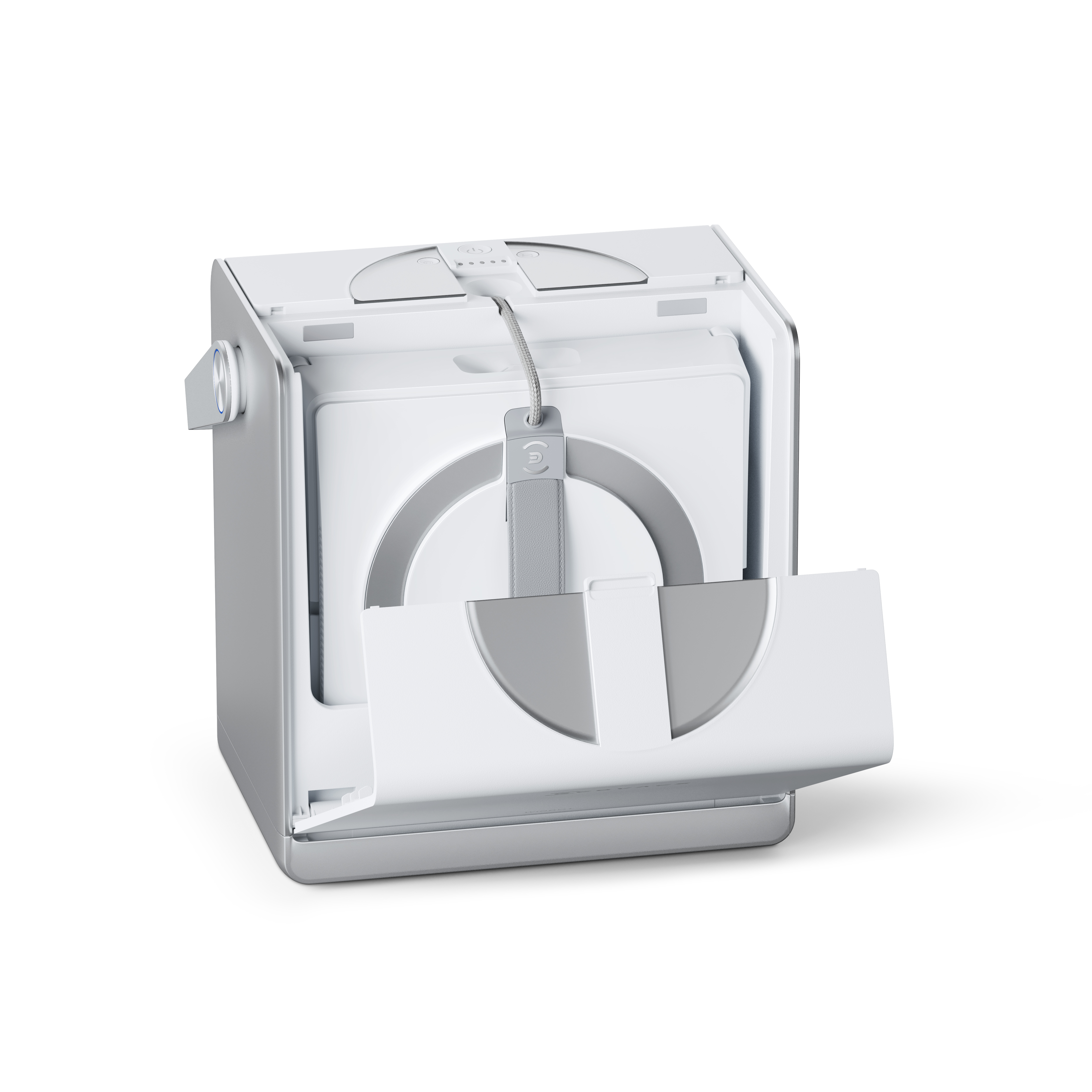 Biały robot do czyszczenia okien z uchwytem i szarym kablem, widok z boku, na białym tle.