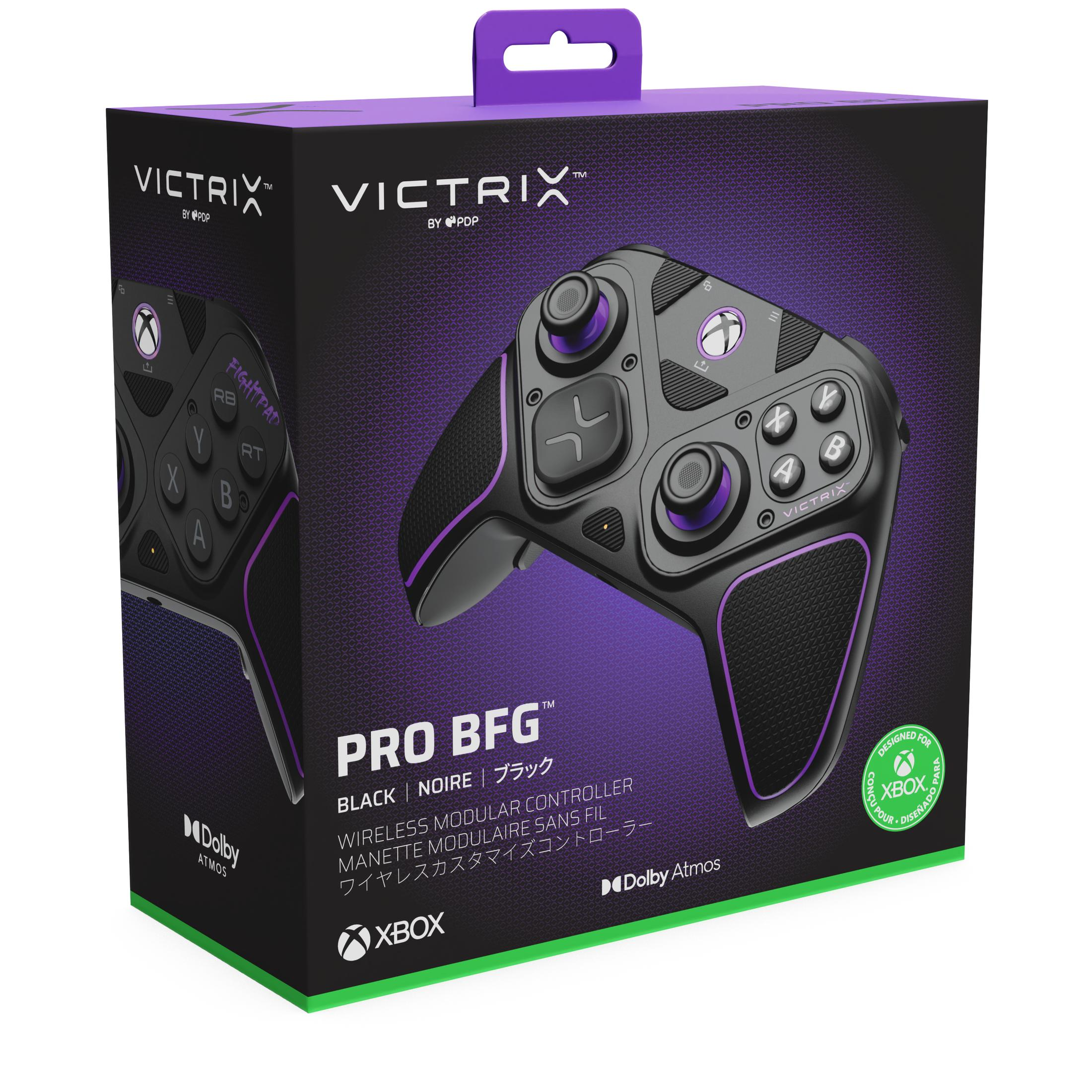 Czarne pudełko kontrolera Victrix Pro BFG z fioletowymi akcentami i logo Xbox.