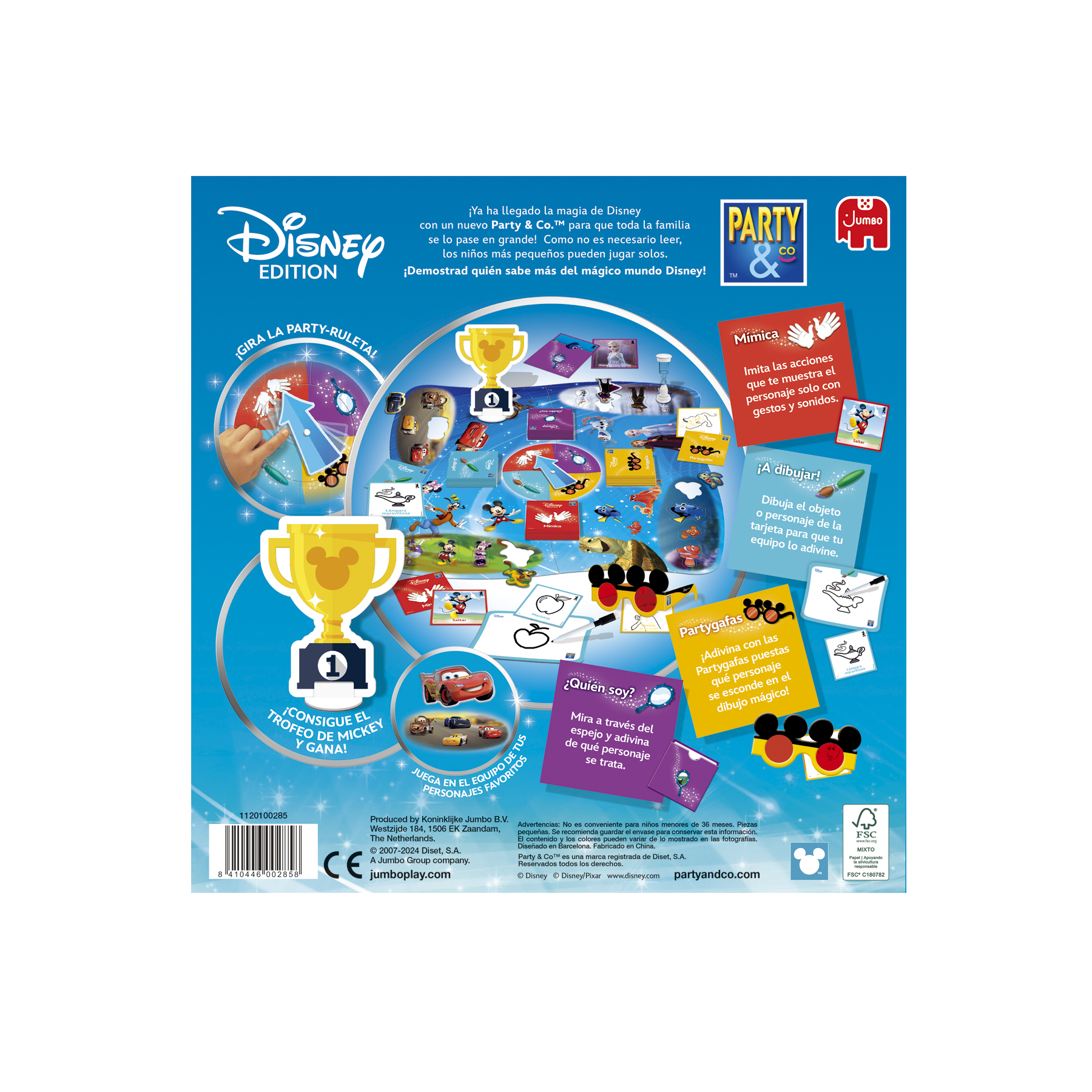 La parte trasera de una caja de juego de fiesta de Disney, con elementos del juego, trofeos e ilustraciones de personajes.