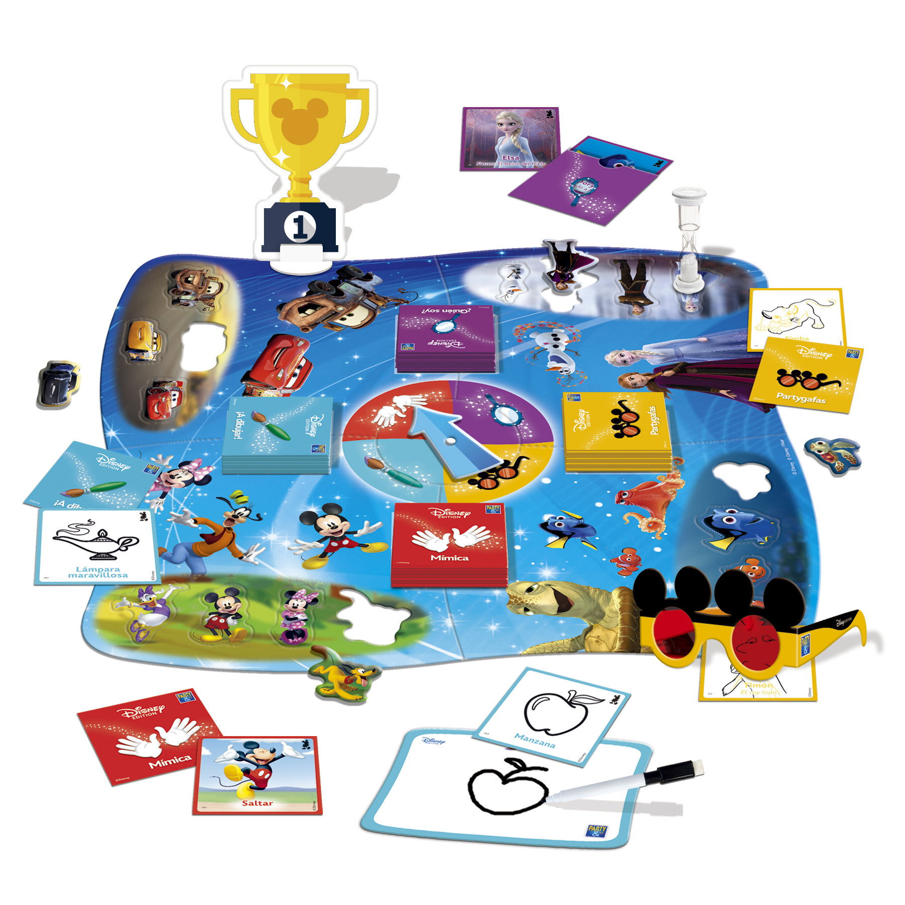 Un juego de mesa de Disney con varios personajes, cartas y un trofeo. El tablero es azul con diseño de estrellas.