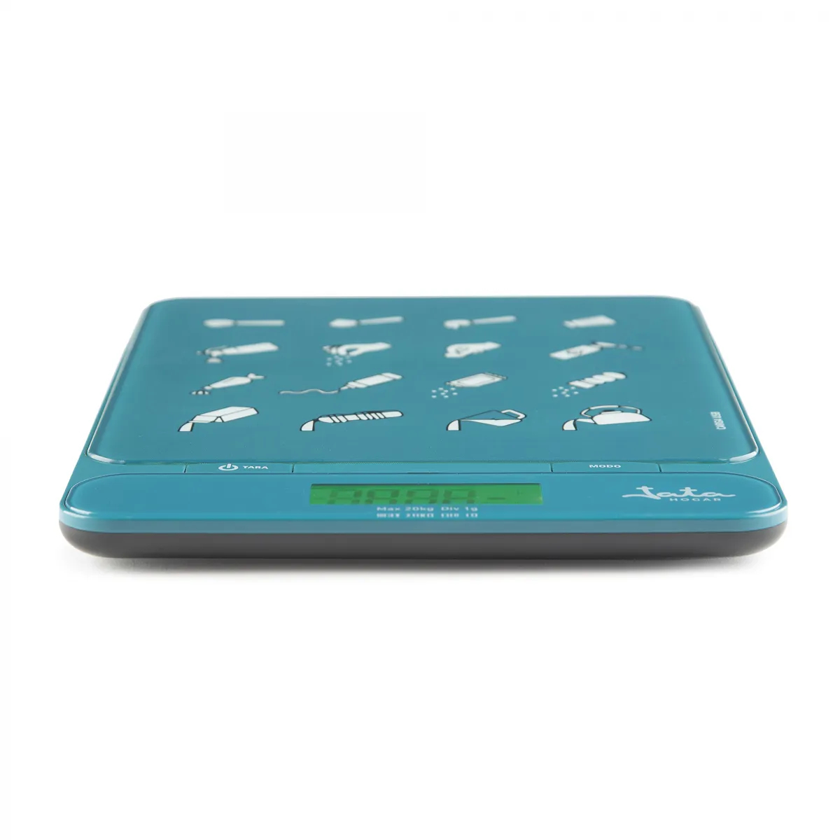 Bilancia da cucina digitale turchese con display, icone e logo 'Jata Hogar', su sfondo bianco.