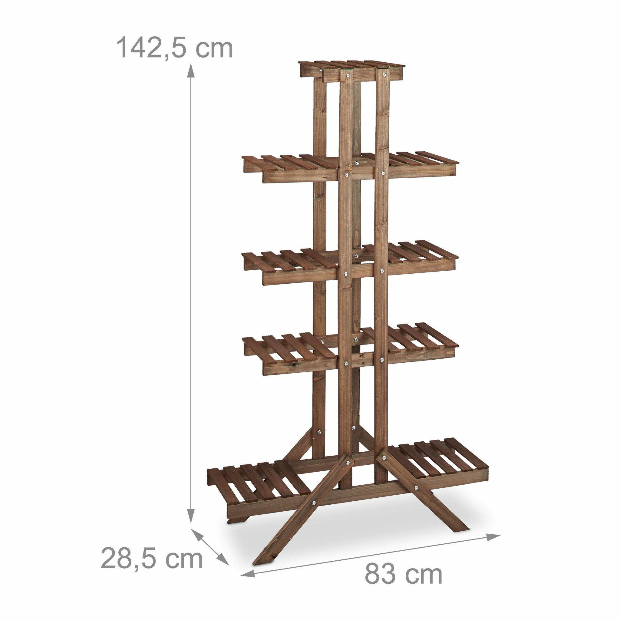 Pflanzenständer aus Holz. Abmessungen: 142,5 cm Höhe, 83 cm Breite, 28,5 cm Tiefe. Es hat mehrere Regale.