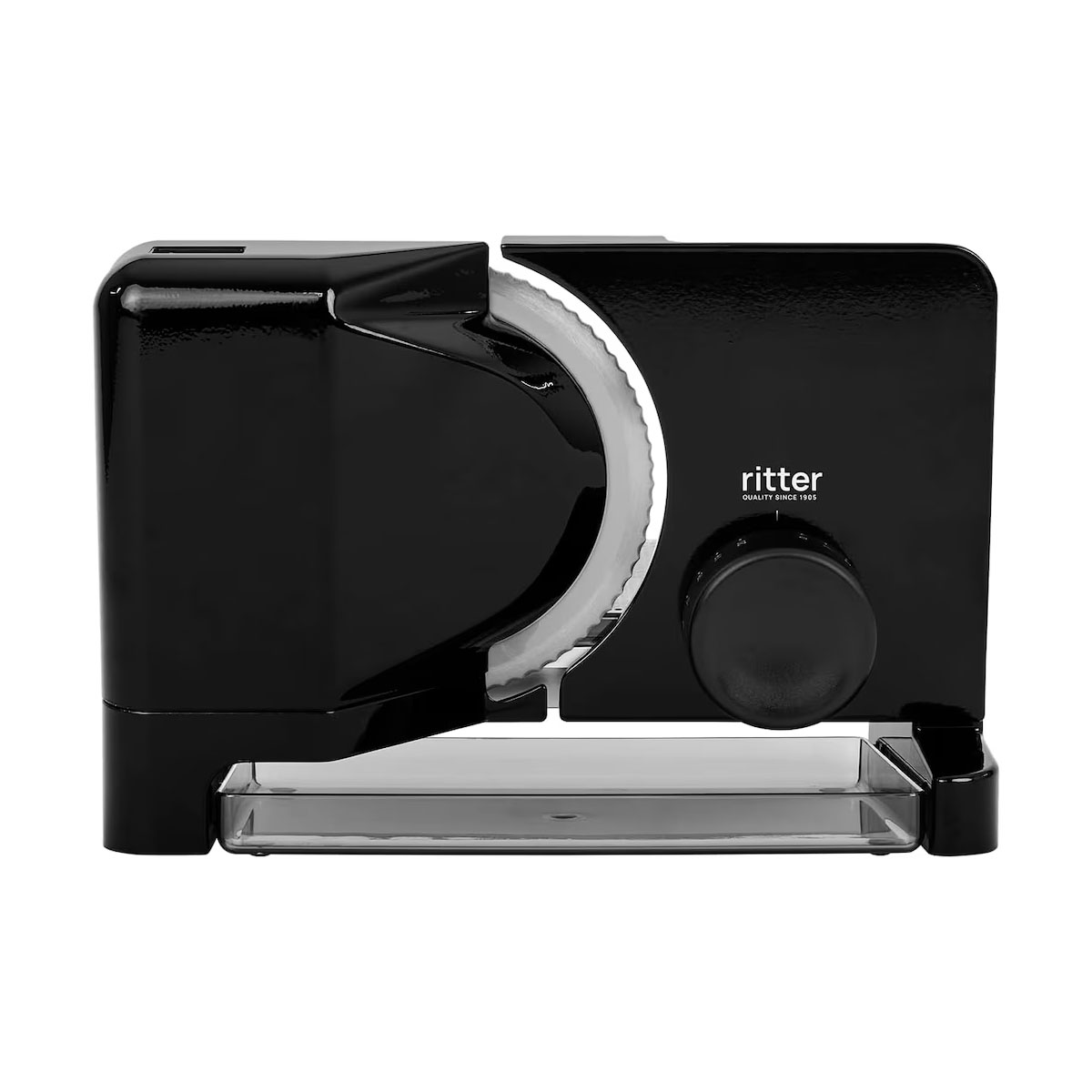 Czarna krajalnica do żywności z dużym ostrzem i tacą, na białym tle.