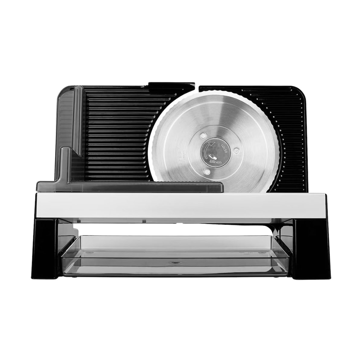 Czarna krajalnica do żywności z ostrzem. Ostrze jest okrągłe i błyszczące.