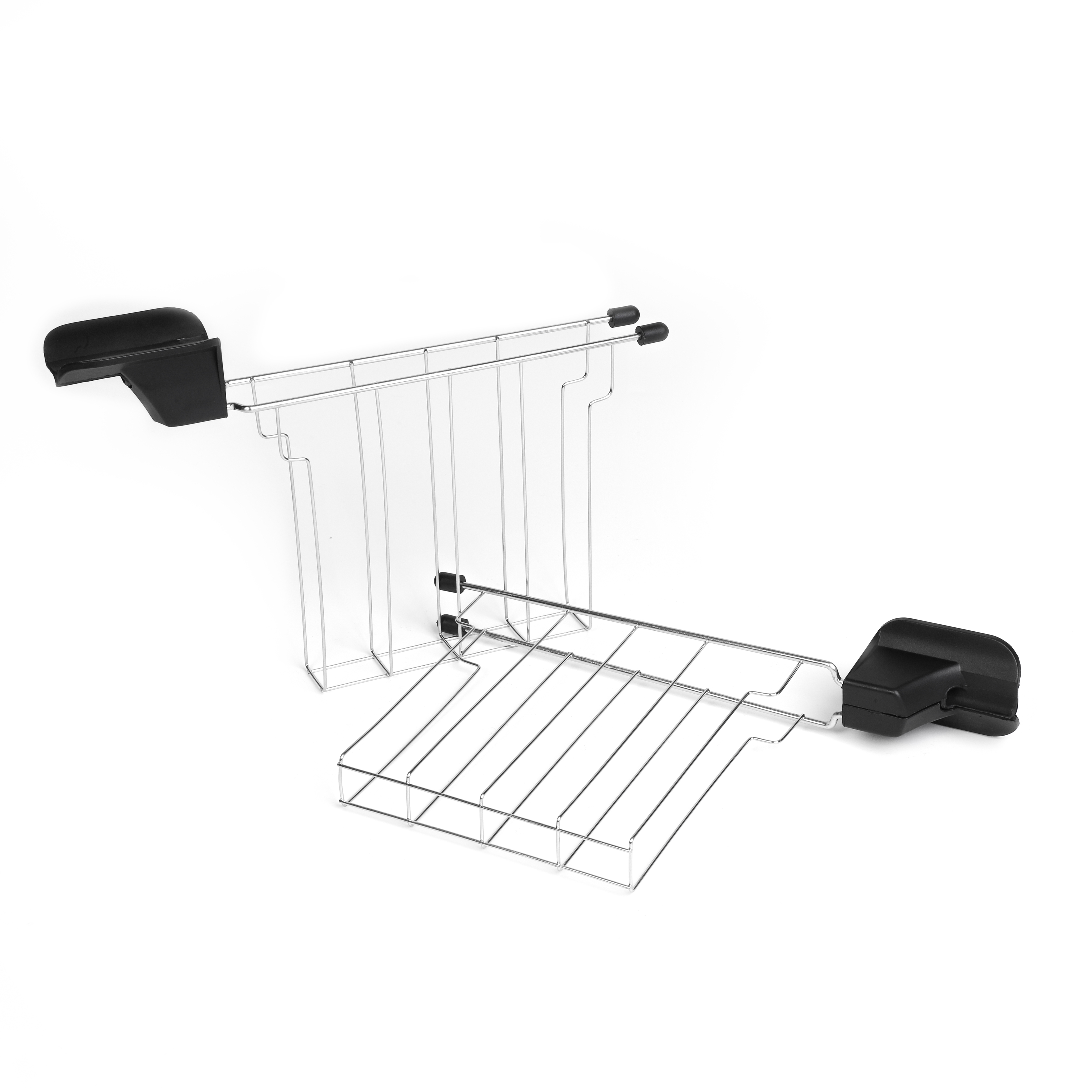 Części tostera. Wyświetlane są ruszty do chleba ze stali nierdzewnej. Czarne plastikowe elementy.